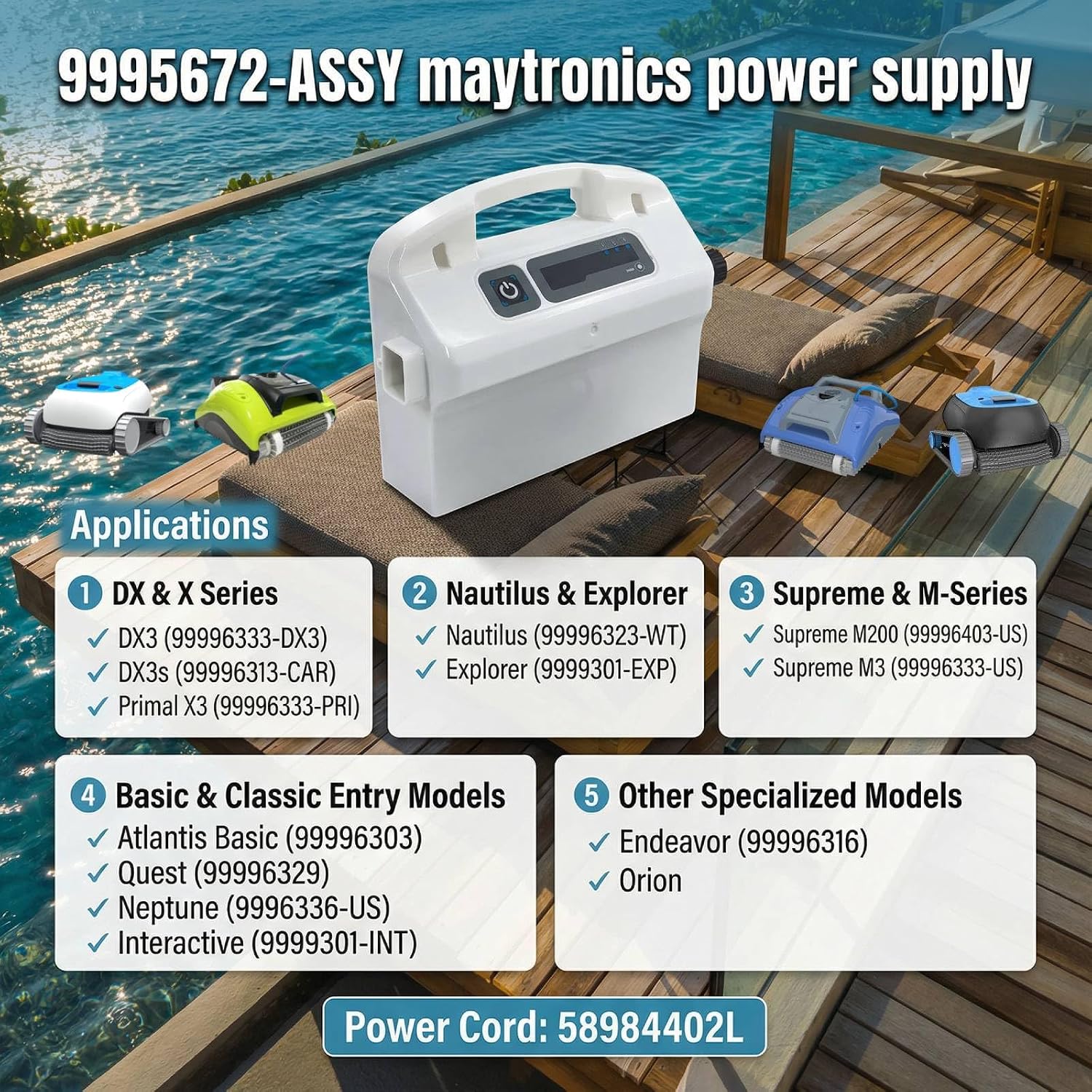 9995672-US-ASSY Advanced Power Supply 180W 29V with Power Cord & Weekly Timer for Dol-phin Maytronics, Atlantis, DX3, DX3S, Endeavor, Neptune, Nautilus, Primal, Quest Robotic Pool Cleaners