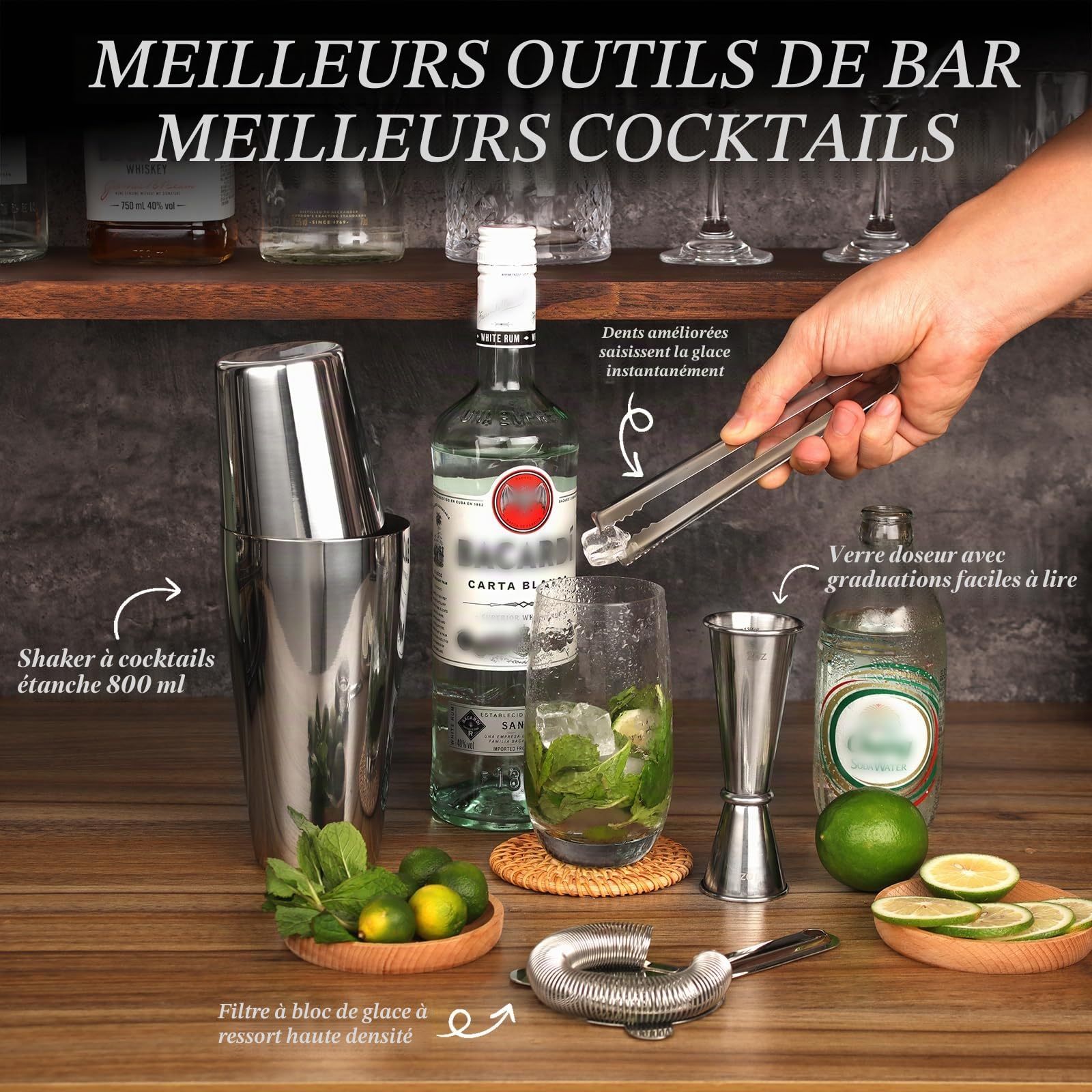 Boston Shaker à Cocktail 20 pièces avec Support, kit Cocktail 825 ML en INOX, Comprenant doseur Cocktail, Pilon et Autres Accessoires Pros, Set Machine à Cocktails pour fêtes, Maison et Bar (argenté)