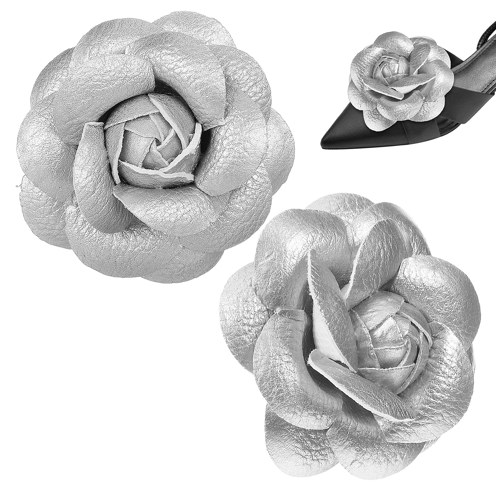 VALICLUD 2PCS Silver Leather Rose Flower Shoe Clips with 6.5cm Duckbill Brooch Pins Satin Fabric Shoe Jewelry Clips for Heels and Flats Removable Floral Footwear Charms