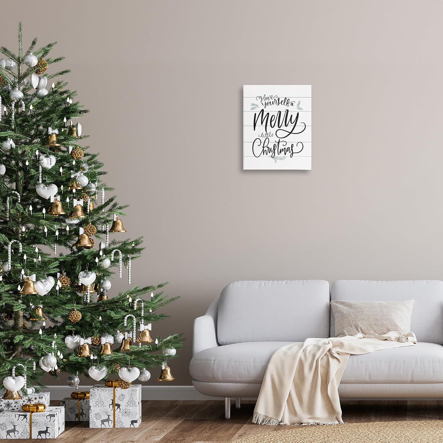 The Stupell Home Décor Collection Holiday Planked Look A Merry Little Christmas Black White and Blue Typography Stretched Canvas Wall Art, 16 x 20, Multi-Color