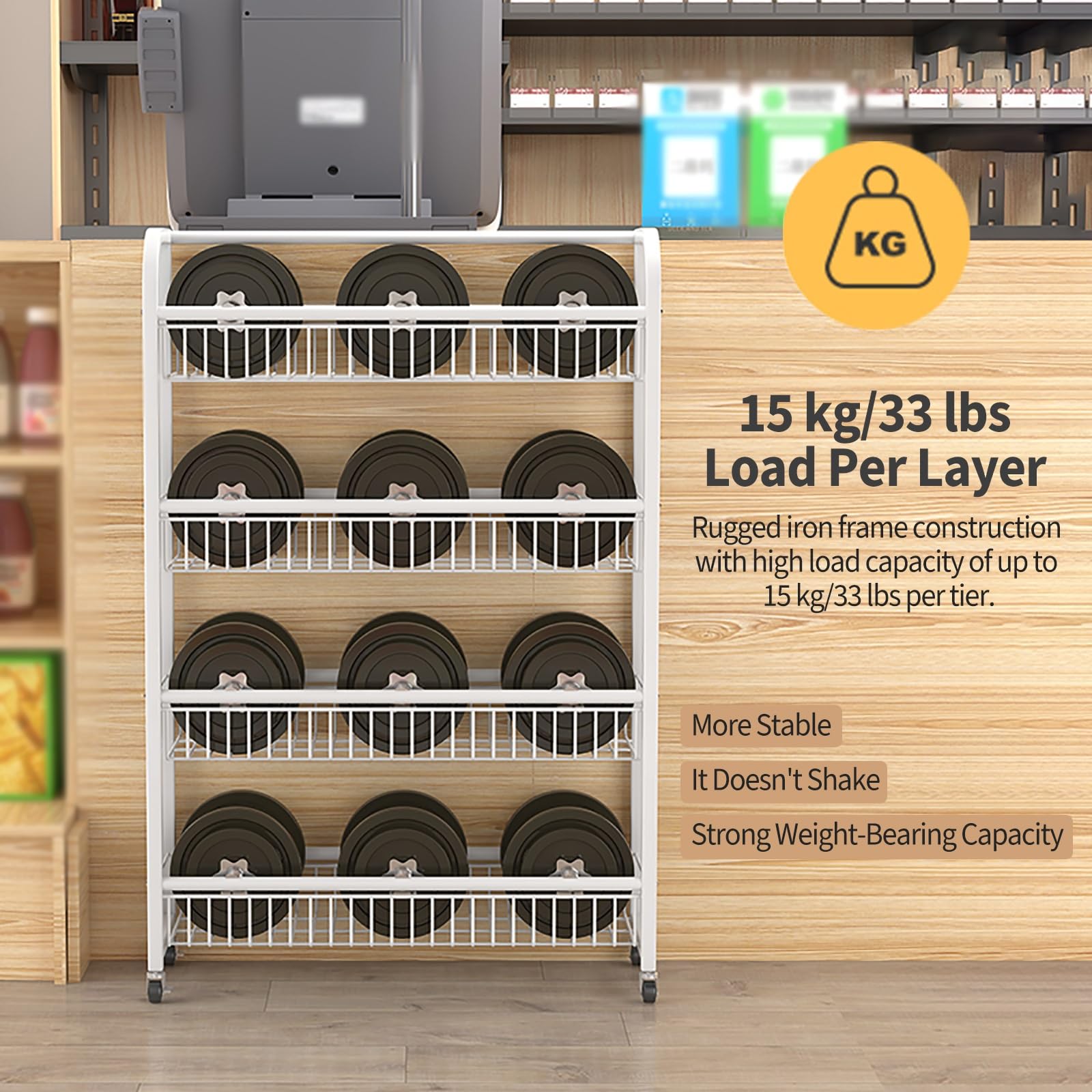 5-poziomowy organizer na żywność z kółkami, regulowany stojak na przekąski do kuchni i biura, komercyjna półka ekspozycyjna do supermarketów i sklepów ze słodyczami