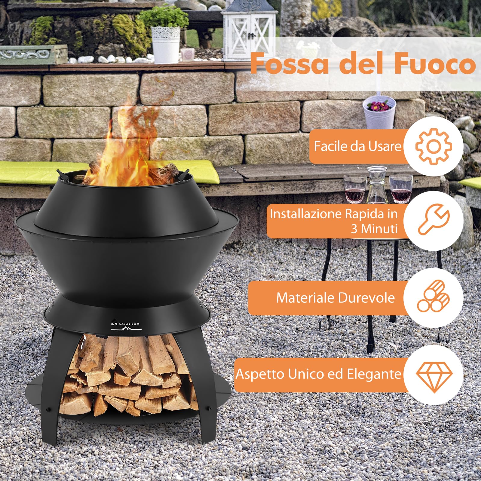 GYMAX Focolare per Esterni Senza Fumo da 50 cm, con Vassoio per Cenere e Anello per Pentola Rimovibile, Braciere da Giardino Campeggio 3 in 1 per Barbecue Cortile