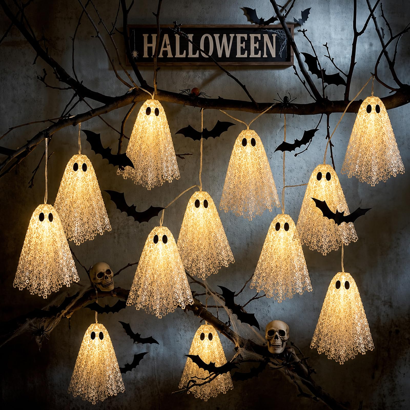 Juego de 2 luces de Halloween fantasma, 10 fantasmas LED de lentejuelas de color blanco cálido, 6.6 pies