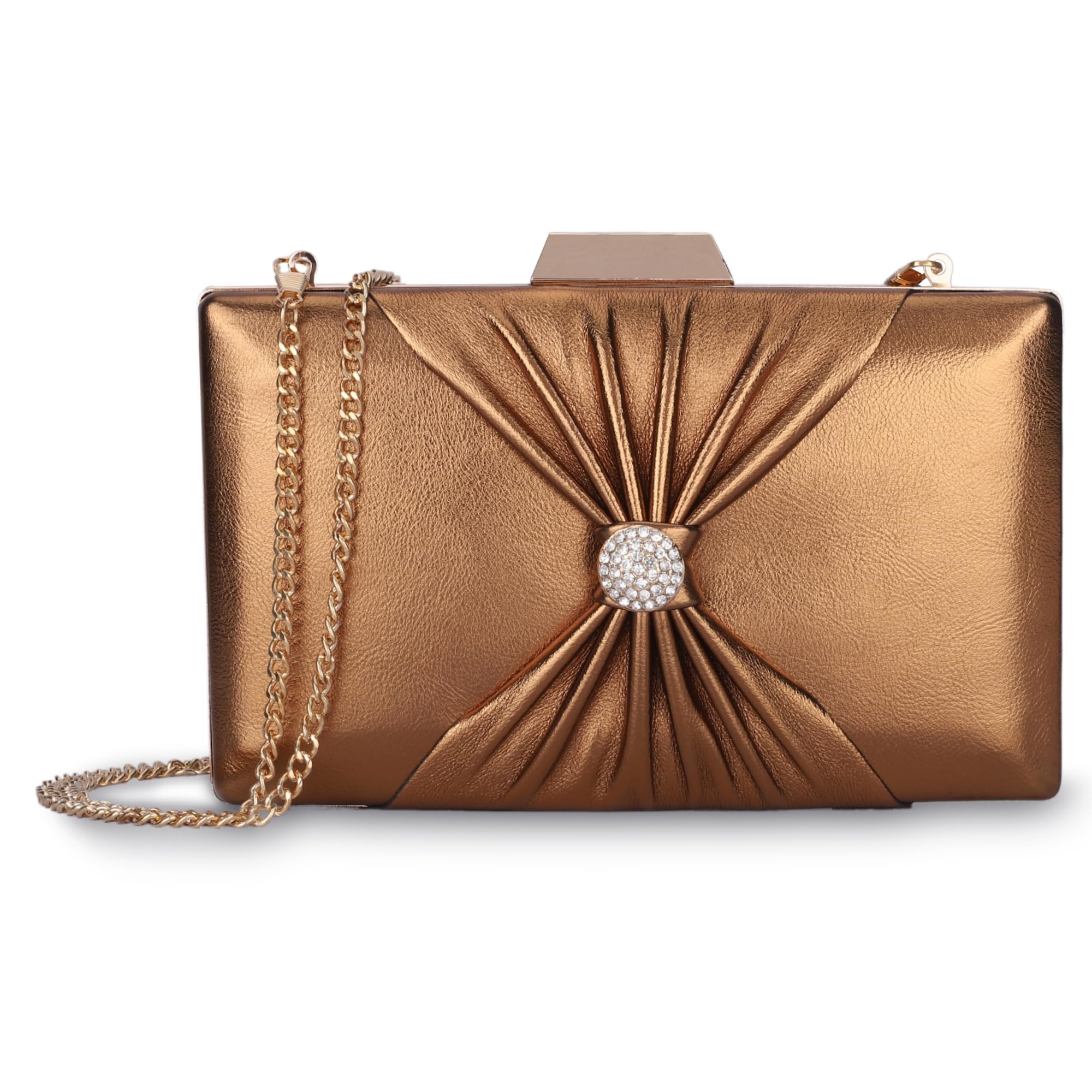 the clownfish Ritzy Collection Faux Leather Womens Party Clutch Ladies Wallet with Chain Strap Evening Bag with Fashionable Button Closure (Golden)-picture-33