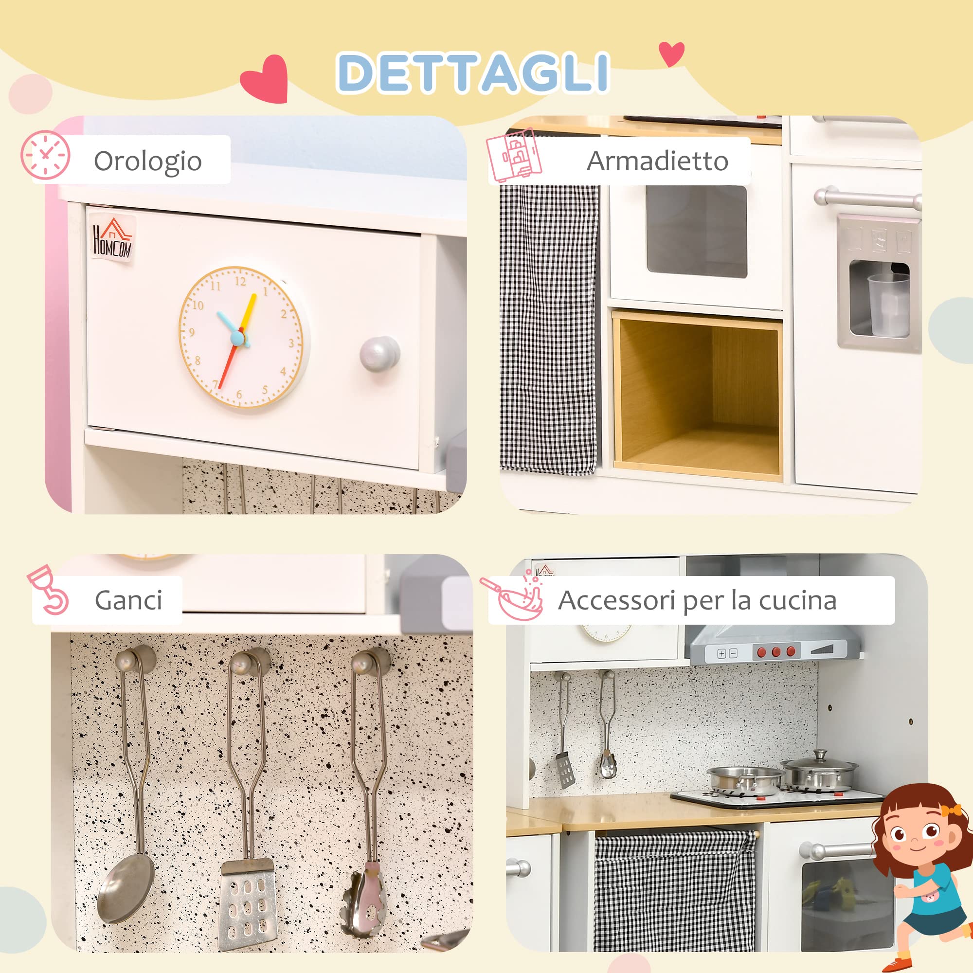 HOMCOM Cucina Giocattolo 2 Pezzi per Bambini 3-6 Anni con Utensili da Cucina, Luci ed Effetti Sonori Realistici, in MDF e PP Bianca e color Legno