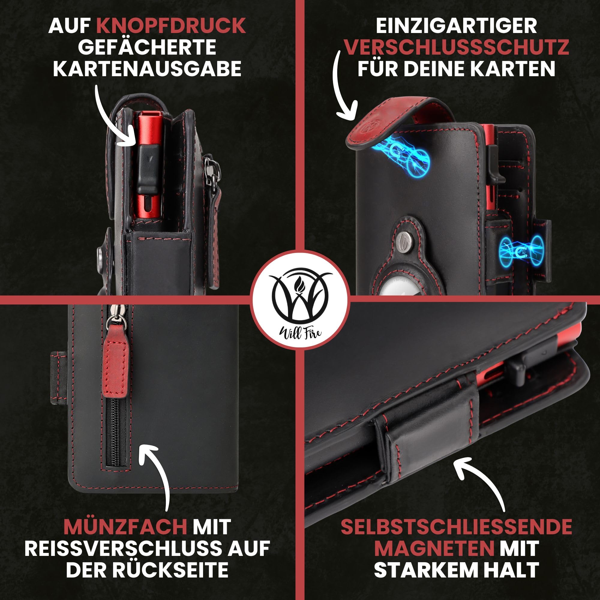 Will Fire® Smart Wallet Herren mit Airtag-Fach & Photokapsel | Inkl. Anhänger | Echtleder Airtag (1. & 2. Gen) Wallet mit Münzfach & Scheinfach | RFID Schutz | Bis zu 12 Karten | [Cognac]