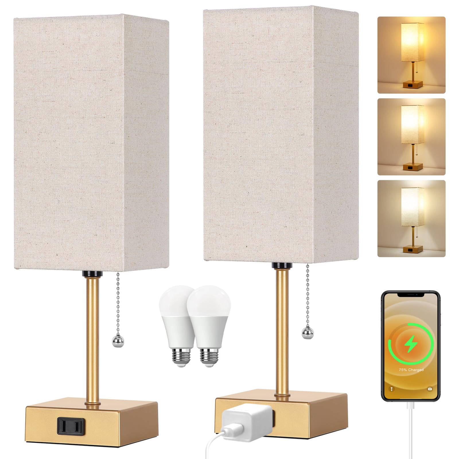 Table Lamp for Bedroom set of 2,3-Color Bedside Lamps with Pull Chain Gold | Table Lamps for Nightstand with AC Outlets,Small Night Light Lamps with 2 Bulbs Lamps for Living Room Kids Room Office Deco