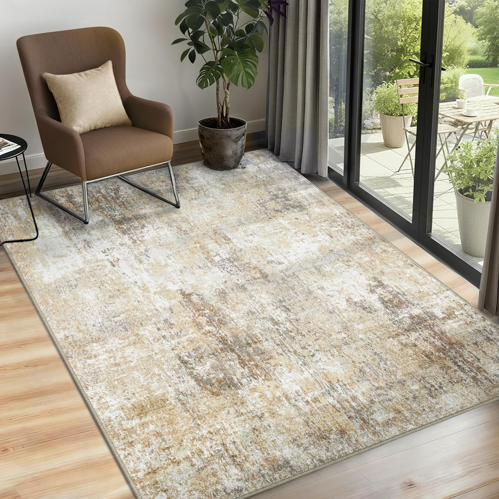 INOVADAY Alfombras Lavable en Máquina 90x150 cm Abstracto Moderno Antideslizante Apta para aspiradora Bajo Pelo Alfombra Estampado Tapete para Salón de Estar, Dormitorio Marrón/Gris