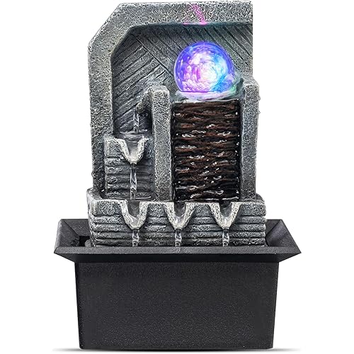 Tabletop Fountain, Indoor Waterfall, LED-Lights Table Style Water Feature with Rotating Sphere Zen Meditation Home Decor & Office Relaxation