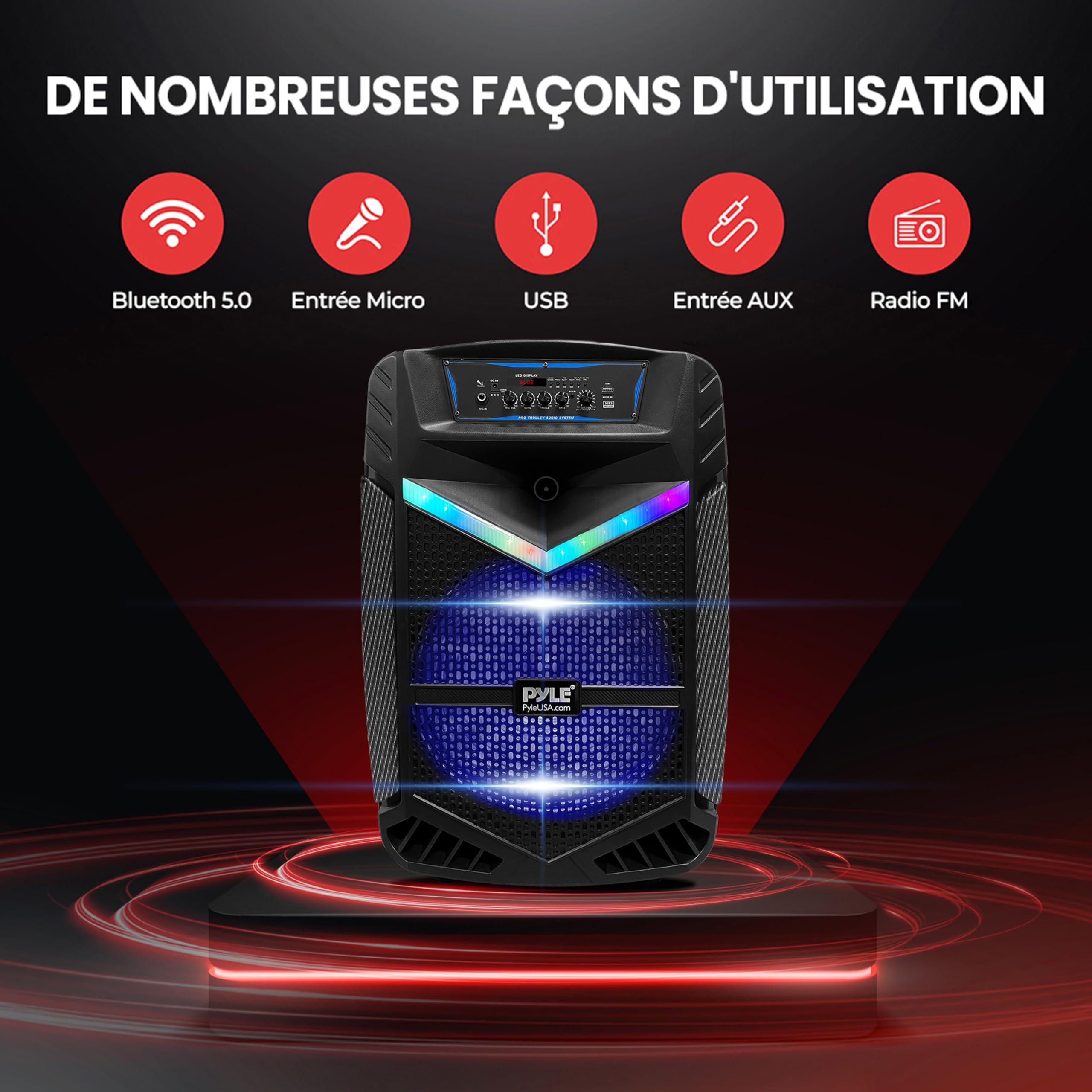 Pyle Enceinte Sono Bluetooth Portable – 1200W, Batterie, Noir Subwoofer et Tweeter LED Éclairage Micro Filaire SD,USB,AUX Radio FM Enregistrement et Roues