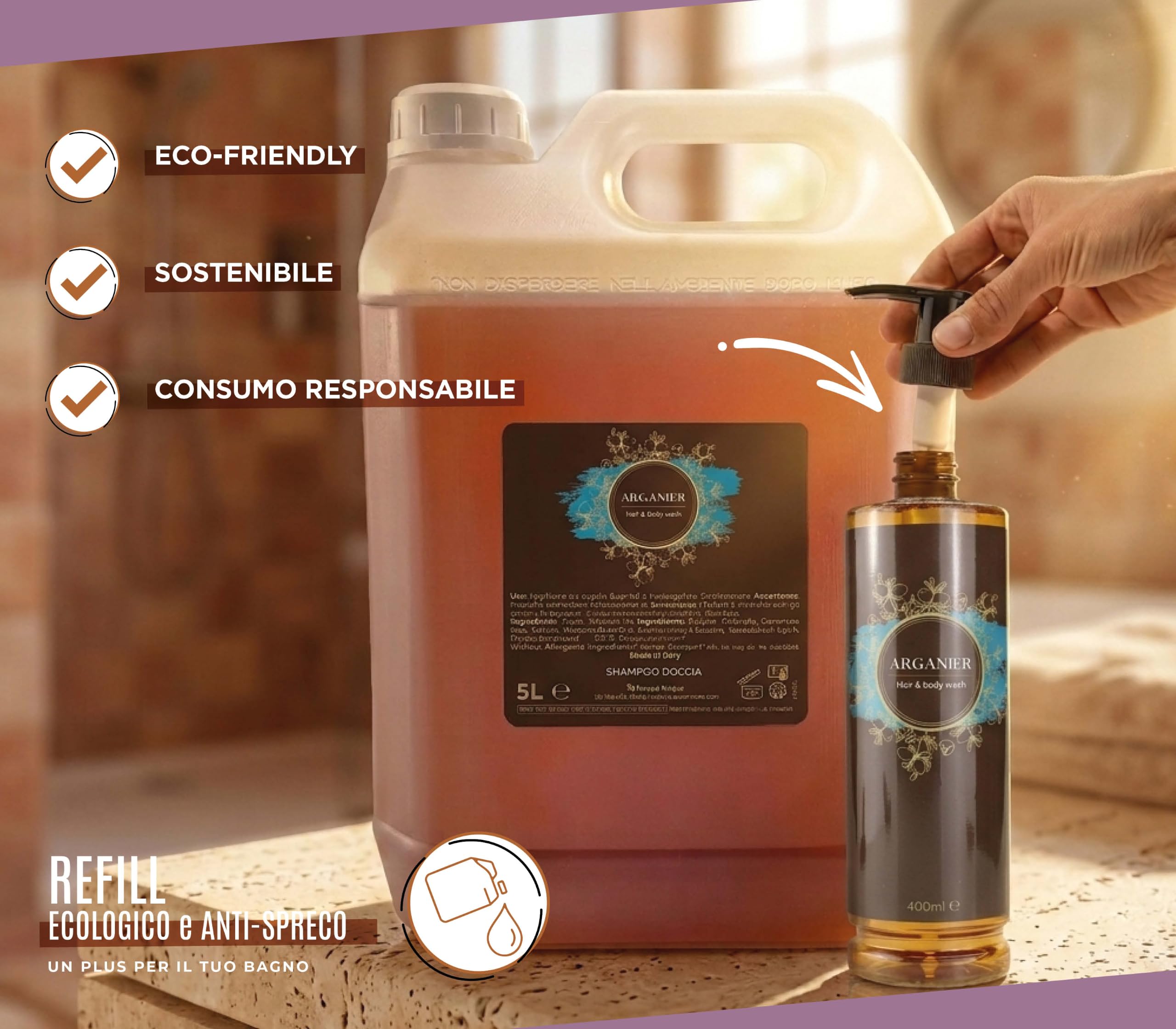 PRESENT-MORE - Doccia Shampoo 5lt Arganier - Confezione da 2 Pezzi - Shampoo Doccia Senza Allergeni - Fragranza Argan - Made in Italy - Ideale per Hotel e B&B