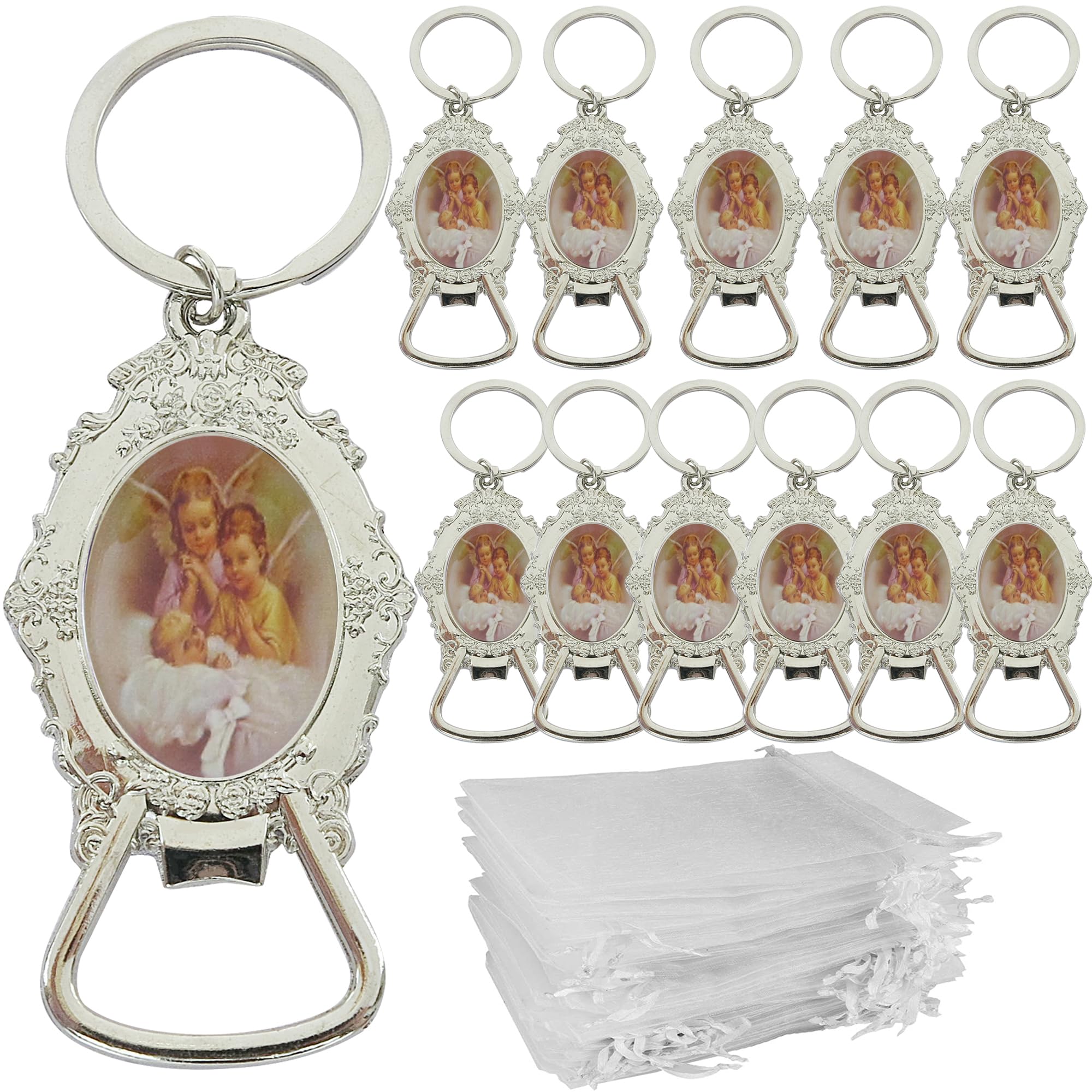 Virgen de Guadalupe(12 PCS) Bottle Opener Keychain Baptism Party Favors First Communion Memory Gift Silver Recuerdos De Mi Bautizo/Primera Comunion Nuestra (BA)