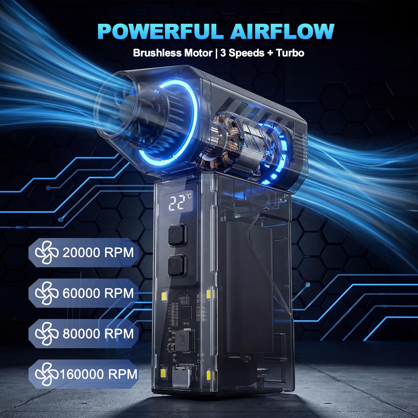 WTINQUIK Electric Air Duster, Compressed Air Duster with LCD Display & LED Light, 130000 RPM Cordless Air Blower, Reusable PC Cleaner & Keyboard Cleaner for Car, Computer (Black) - 3