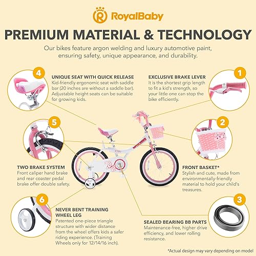 Miniatura 7 de Royalbaby Princess - Bicicleta para niñas de 12, 14, 16, 18, 20 pulgadas, con cesta para niños de 3 a 12 años