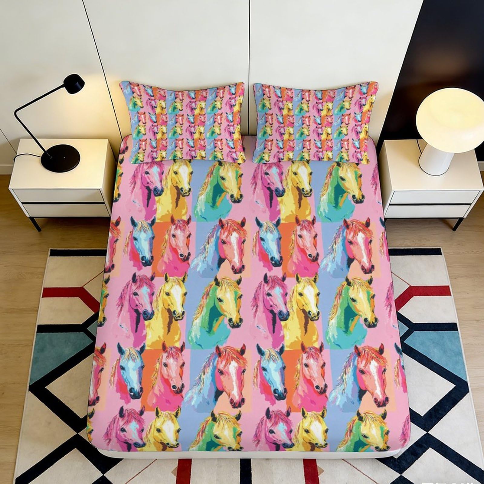 3D Printed Colorful Horse Pattern Fitted Sheet Microfiber Soft Breathable Vibrant Horse Head Bed Cover for Bedroom Dormitory Guest Room Mattress Protection 180x200x25cm