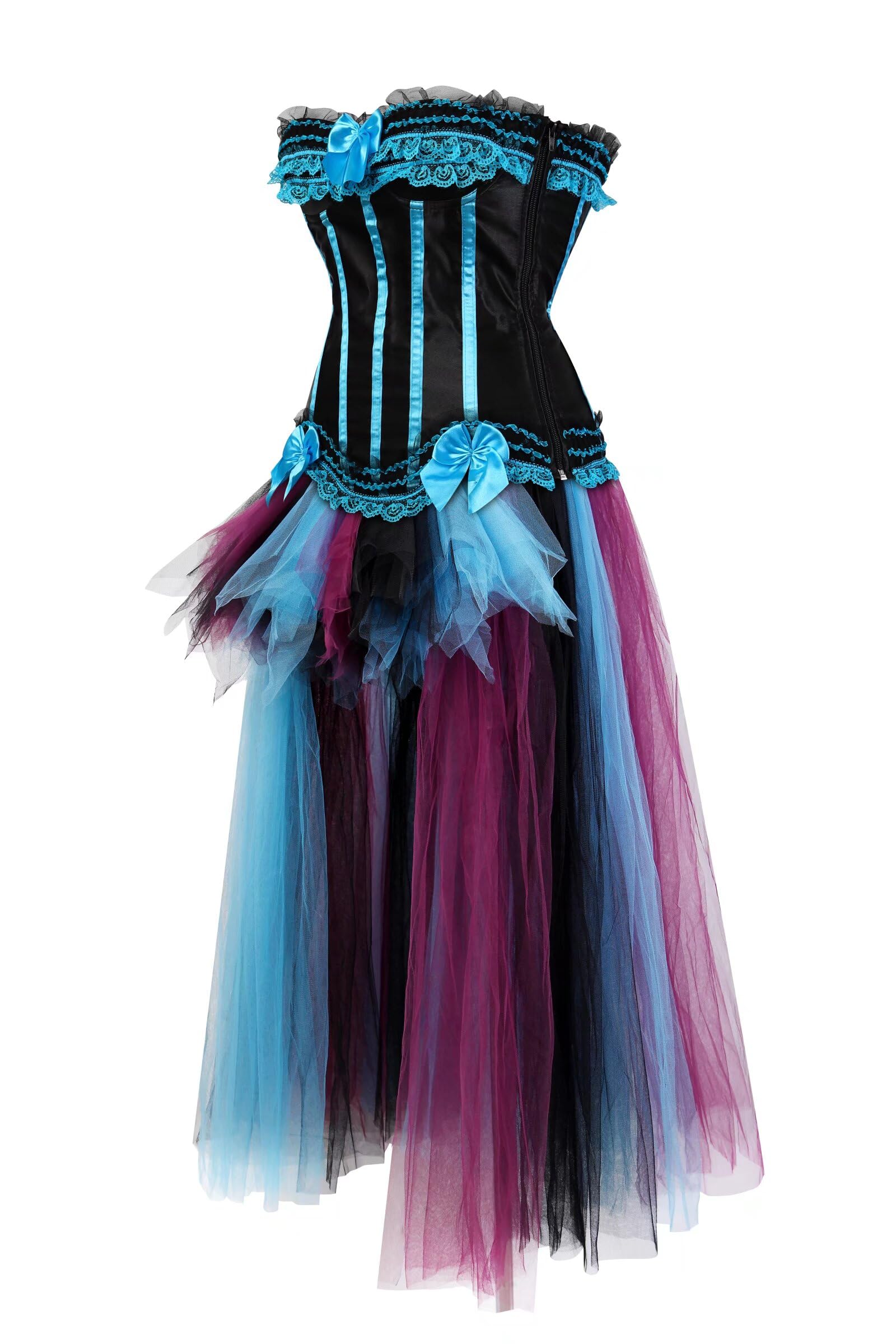 Corset Dress Long Skirts Overbust Women's lace High Low Halloween Stripe Bustier Vintage Lingerie: 3X-Large Blue