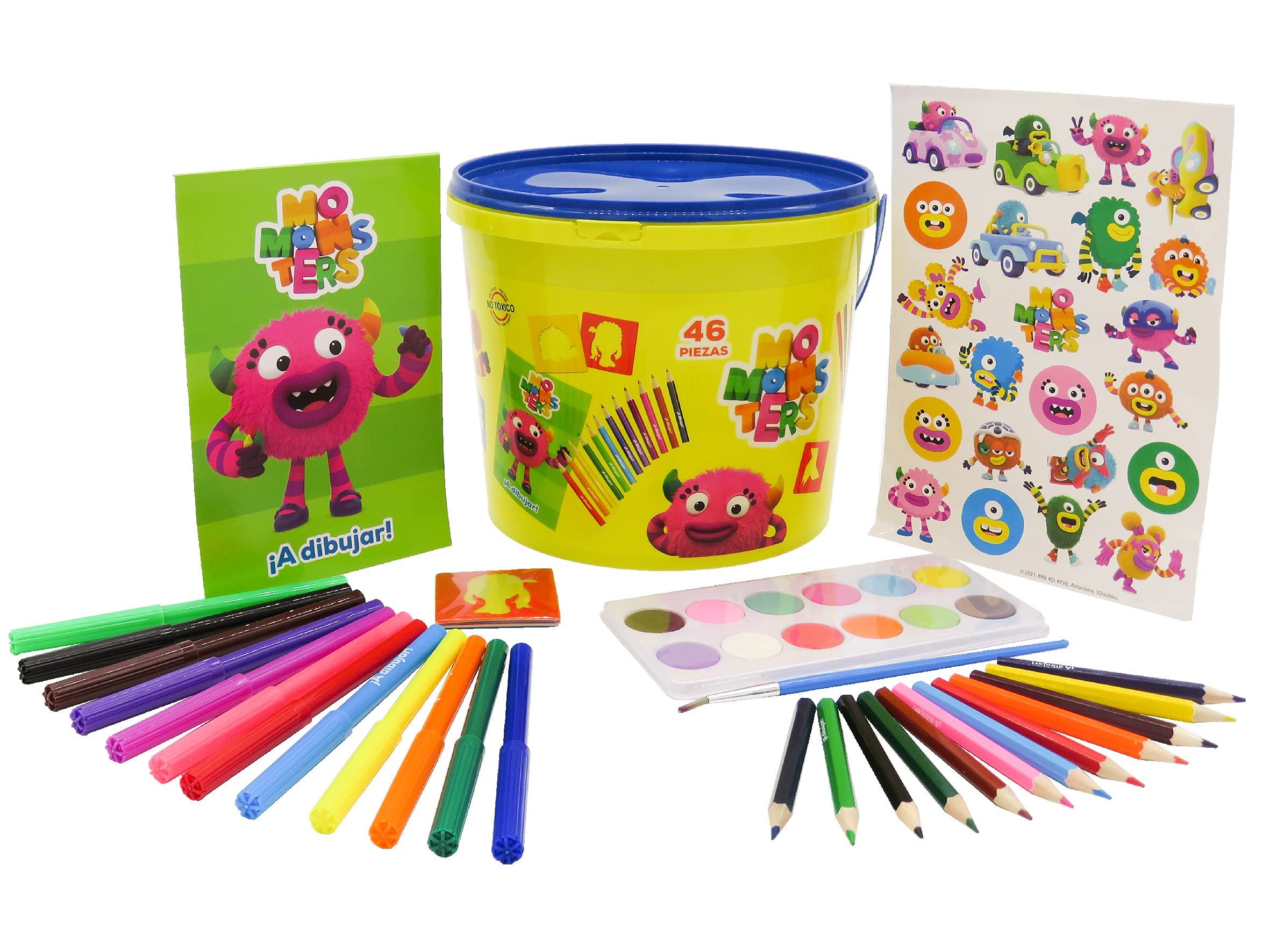 Momonsters, Set de Actividades con 46 Piezas en Cubo, Material Escolar para Colorear (CyP Brands)