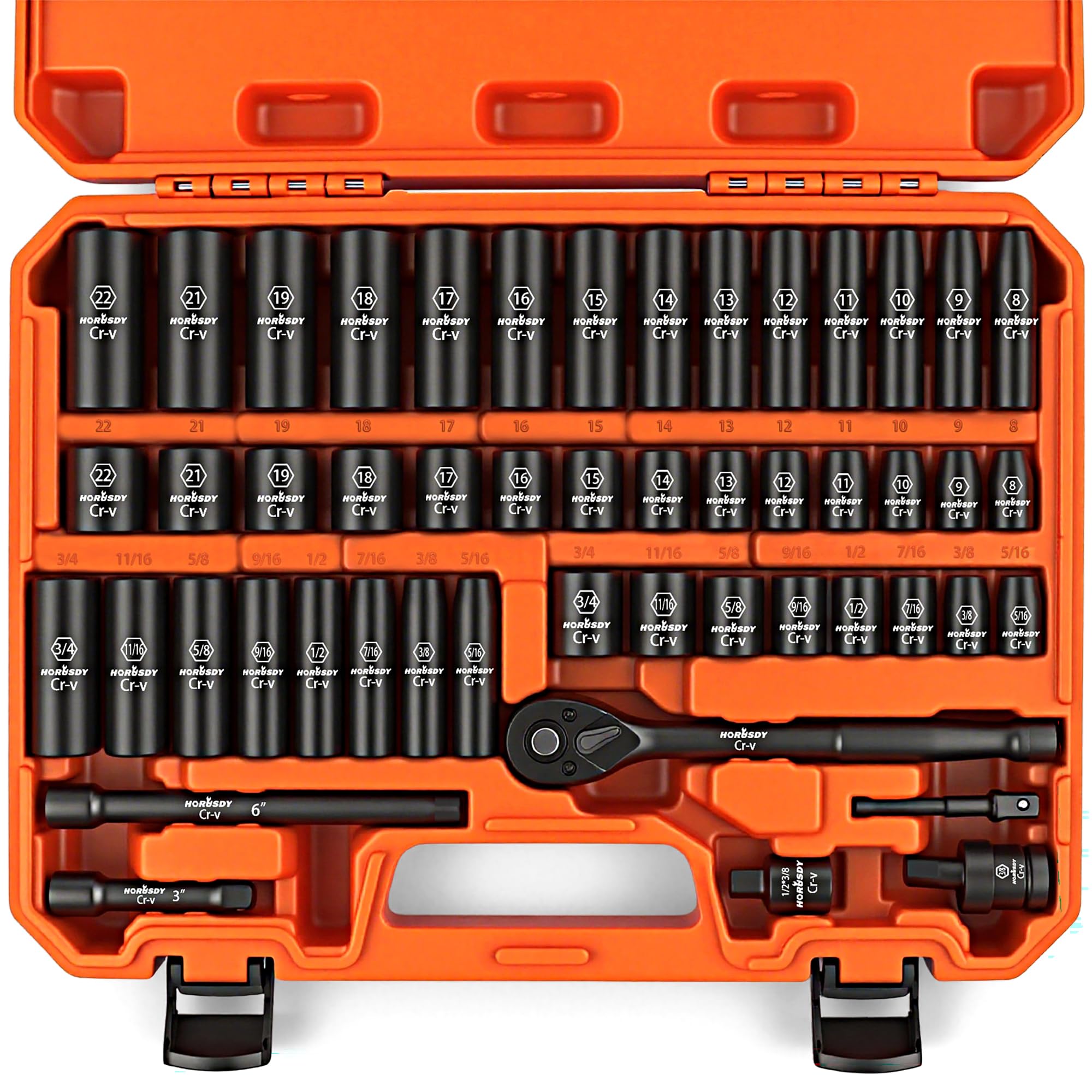 HORUSDY 3/8" Drive Impact Socket Set, 50-Piece Standard SAE (5/16 to 3/4 inch) and Metric (8-22mm) Size, 6 Point, Cr-V, 3/8-Inch Drive Ratchet Handle, Drive Extension Bar, Impact Universal Joint
