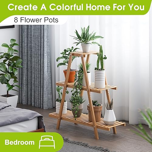 Miniatura 8 de Soporte para plantas de bambú para interiores y exteriores, estante escalonado para plantas de 3 niveles, 8 macetas, estante para plantas para