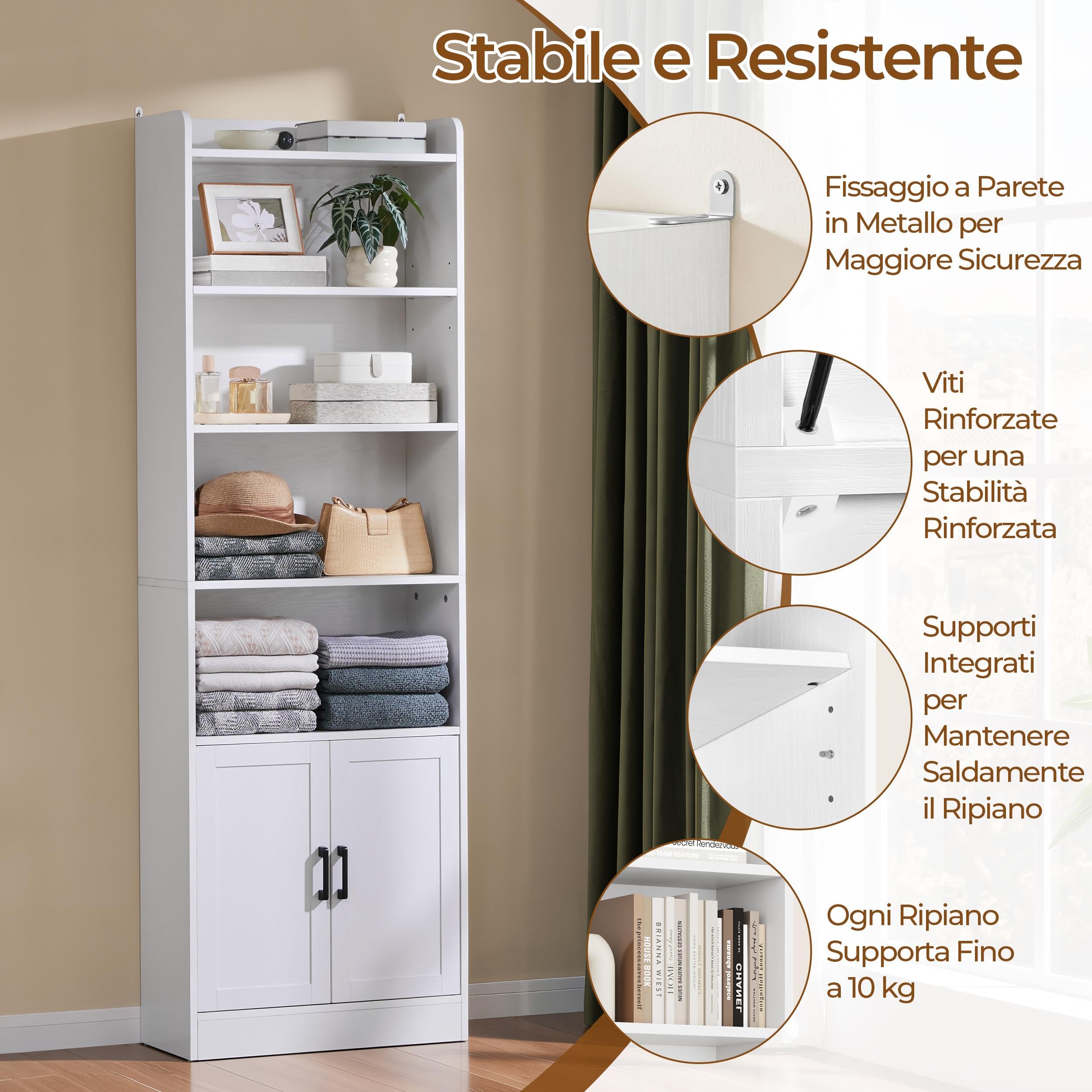 Yaheetech Libreria Verticale a 7 Ripiani, Libreria Scaffale con Armadietto a 2 Ante e 2 Ripiani Regolabili, per Camera da Letto, Studio, Soggiorno, Ufficio, 60 x 24 x 183 cm, Bianco