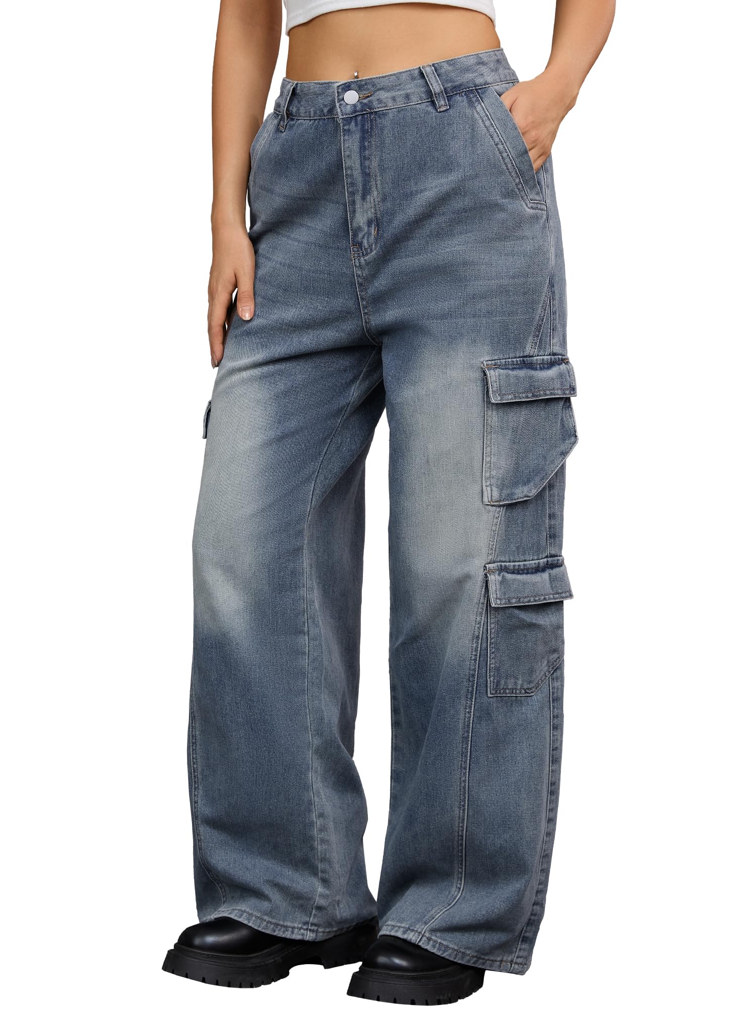 CIMUK Women's Baggy Jeans Straight Leg High Waist Multi-Pocket Buttoned Loose Casual Cargo Denim Pants