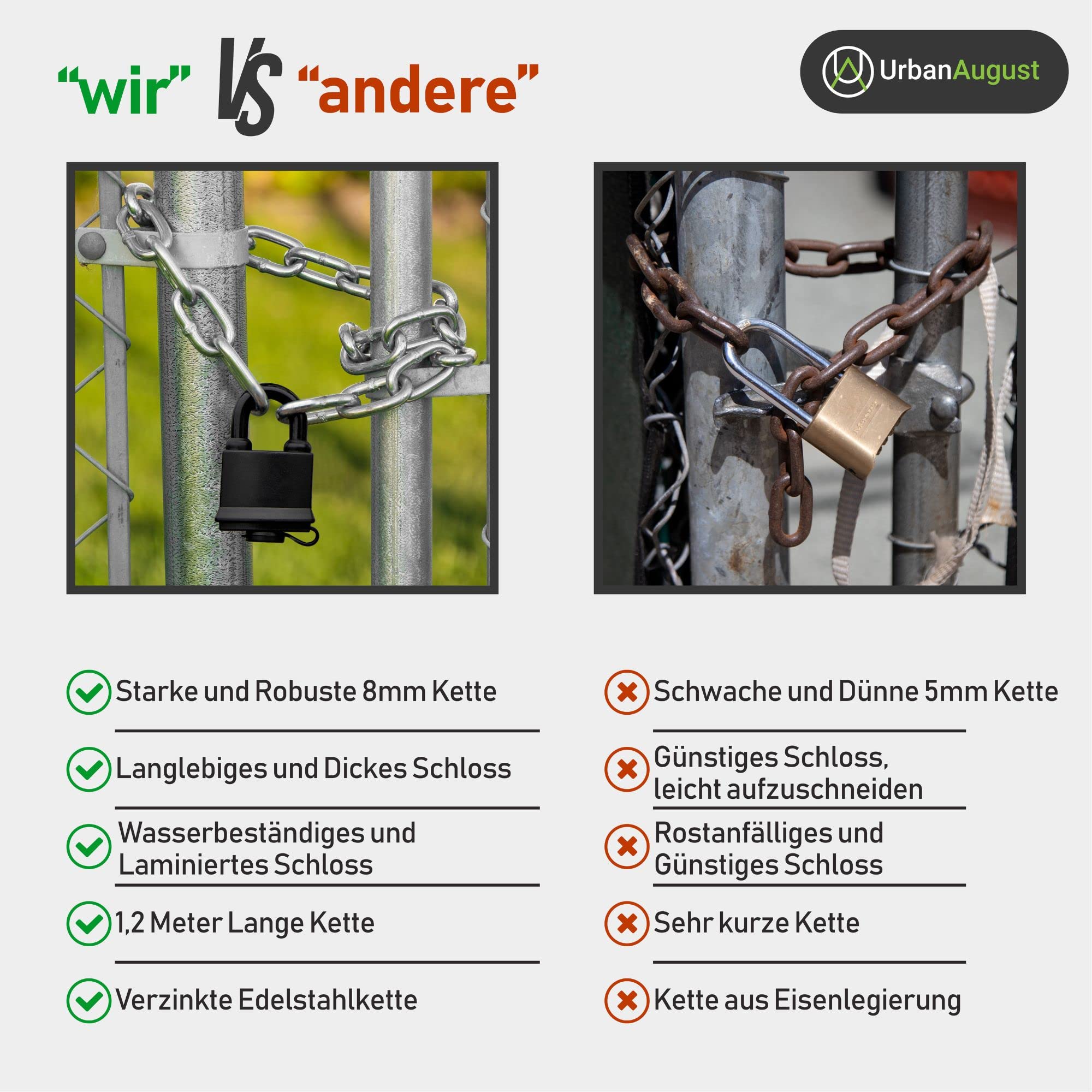 Urban August Sicherheitskette mit Vorhängeschloss – Kettenschloss aus 8mm Edelstahl - Witterungsbeständig & Extrem Robust - Ideal für Tore, Fahrräder, Zäune, Mülltonnen - Rostfreier Stahl (Chrom)