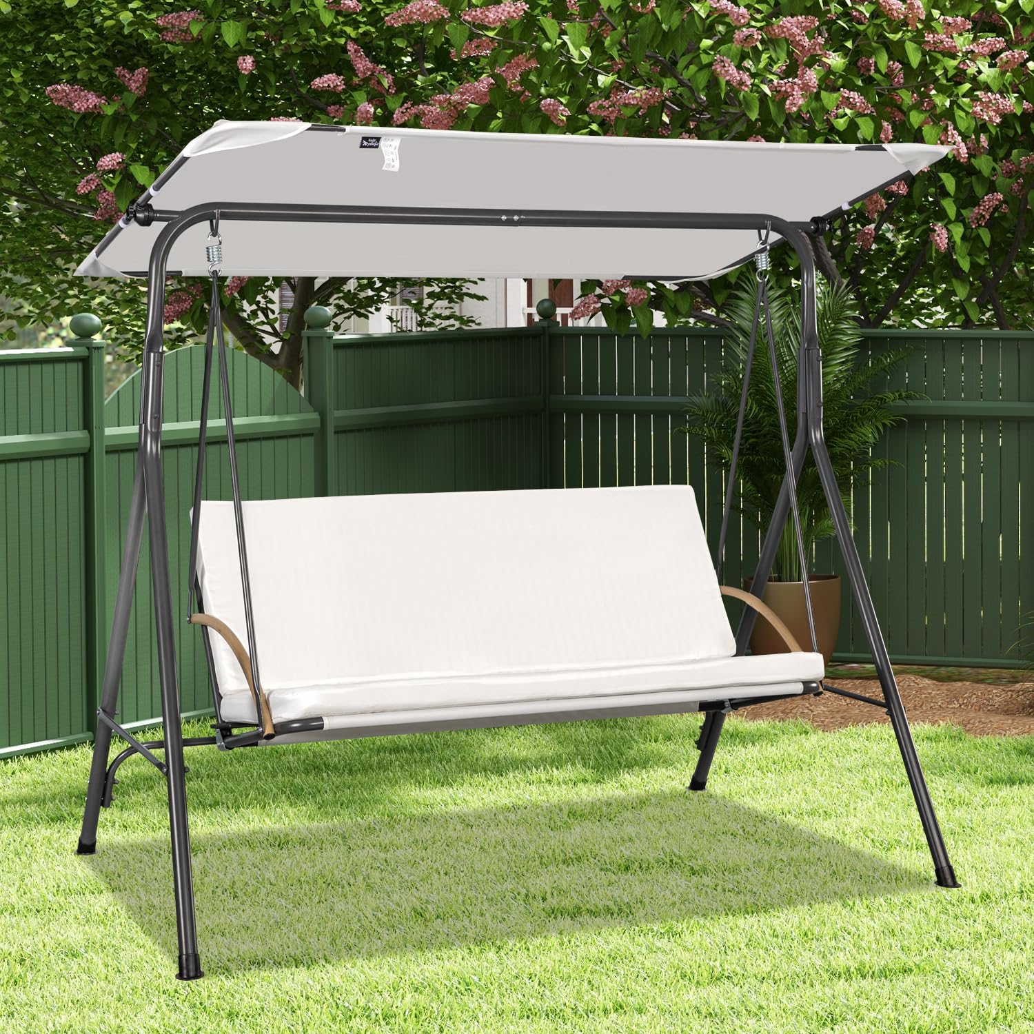 Angel Living Balancelle de Jardin 3 Places avec Auvent, Coussin Épais et Structure en Acier, Tissu Oxford, pour Terrasse, Patio, 170x110x152cm, Blance