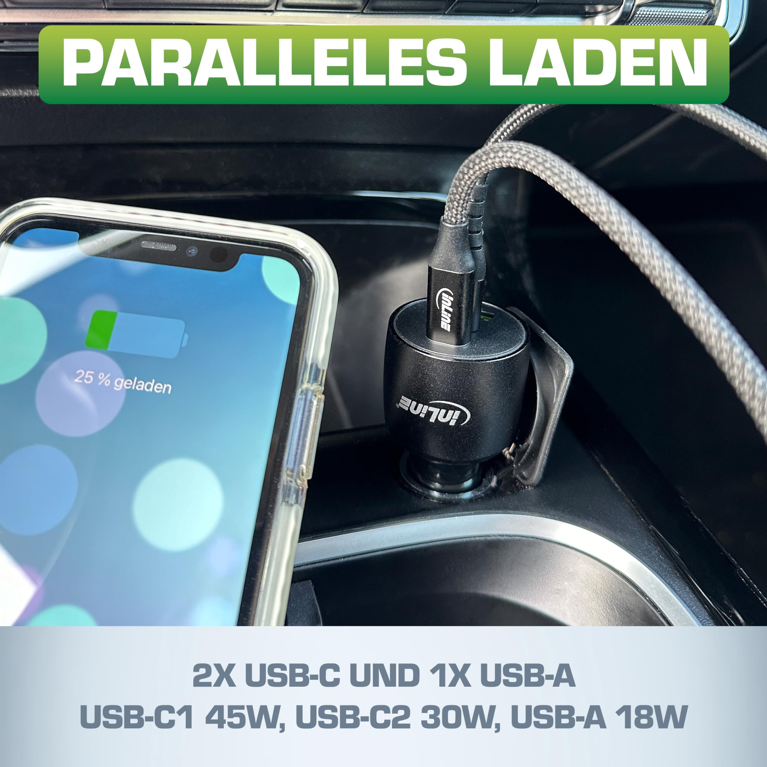 Inline Cargador de Coche USB-C 100 W, 5 A, 2 x USB-C Power Delivery 3.0, 1 x USB-A QC 3.0, con luz LED Blanca, Encendedor de Cigarrillos, para portátiles, iPhone/Pro/Mini, iPad Pro/Air/Mini, Galaxy y