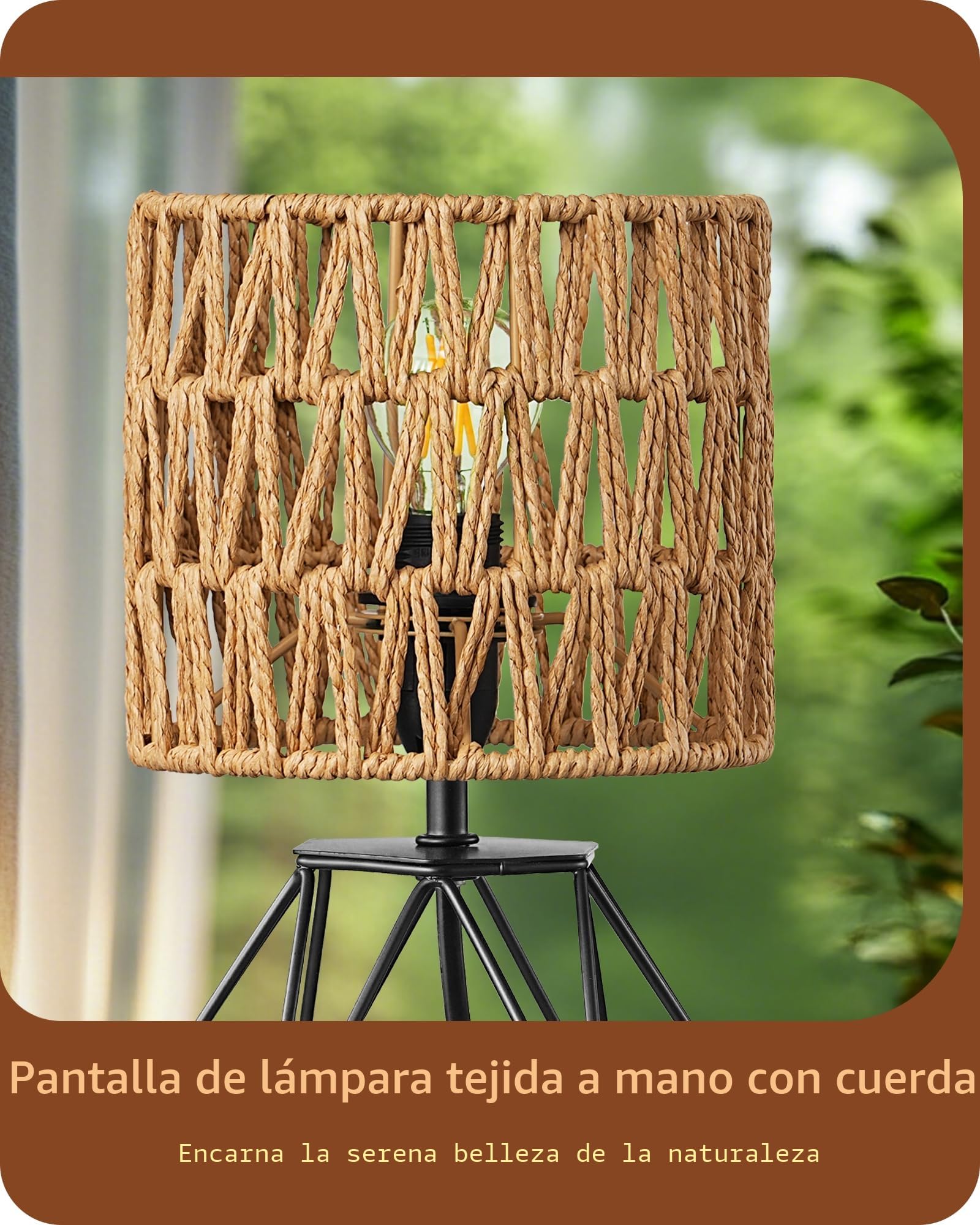 EDISHINE Lámpara Mesita Boho, Pantalla Cuerda Papel, Base Metal, Negro | Pantalla Cuerda Papel Tejida, Aspecto Rejilla Metal, Casquillo E14, Blanco Cálido 2700 K, para Dormitorio, Salón