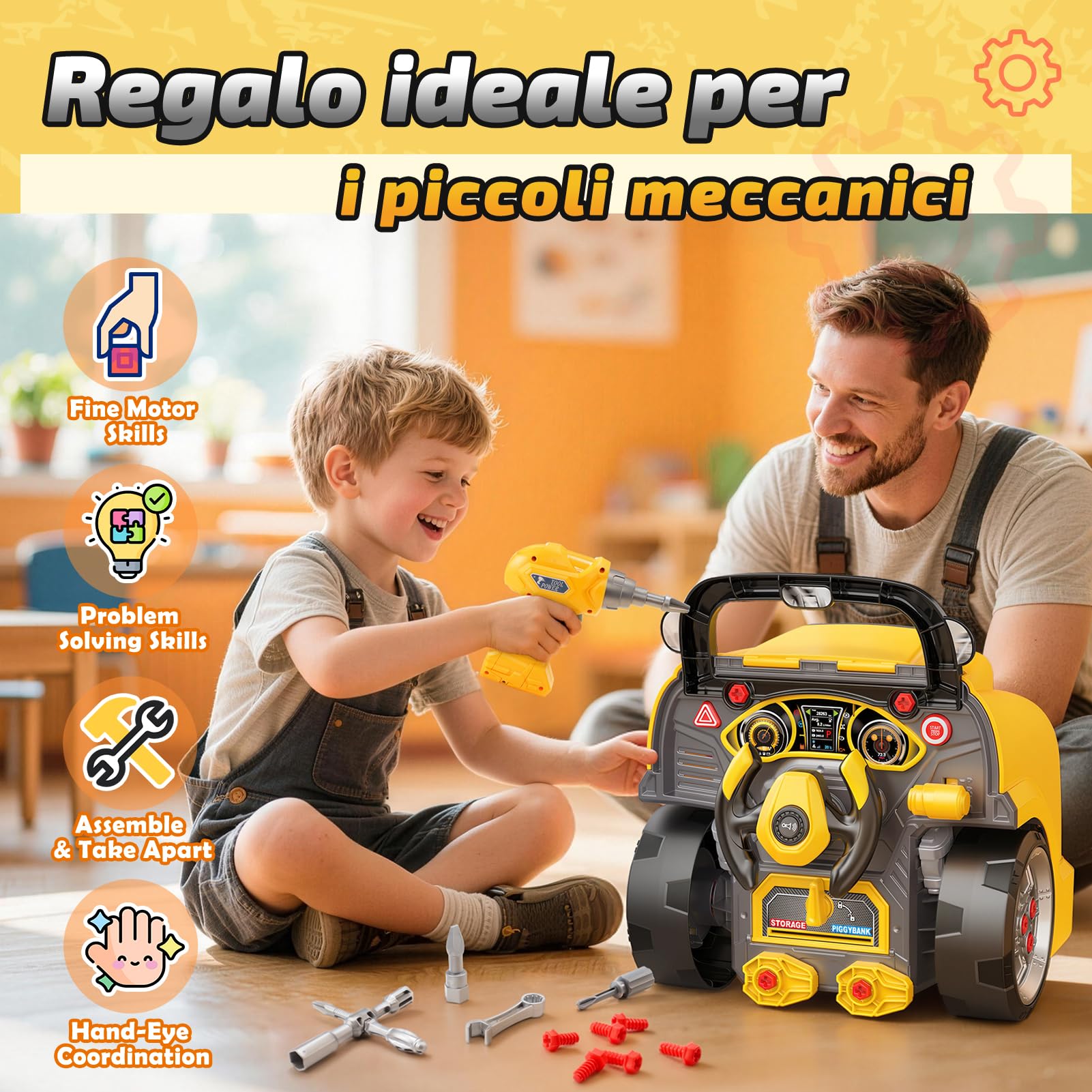Giocattoli per Bambini Maschi 3-8 Anni: Set Gioco Meccanico con Camion Smontabile, Trapano Elettrico e Costumi da Costruzione, Gioco di Ruolo Officina, Regalo Educativo Compleanno per Bambini