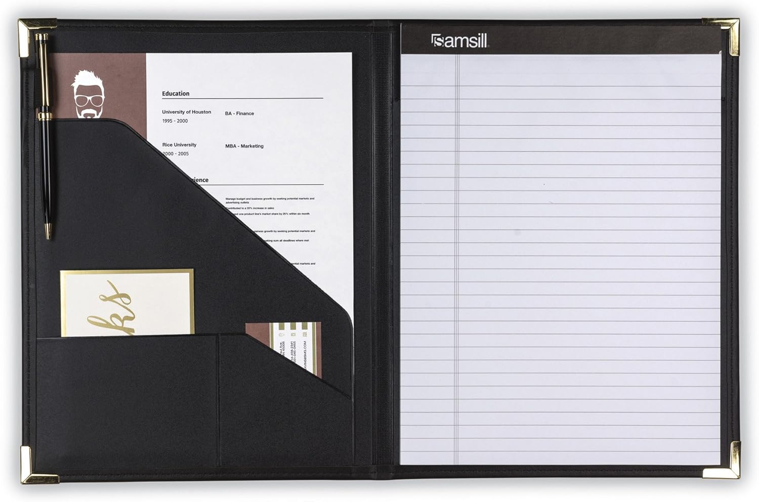 Samsill Classic Collection Business Padfolio/Executive Portfolio, Faux Leather & Brass Corners, Resume Document Organizer, 8.5 x 11 Writing Pad, Black : Office Products
