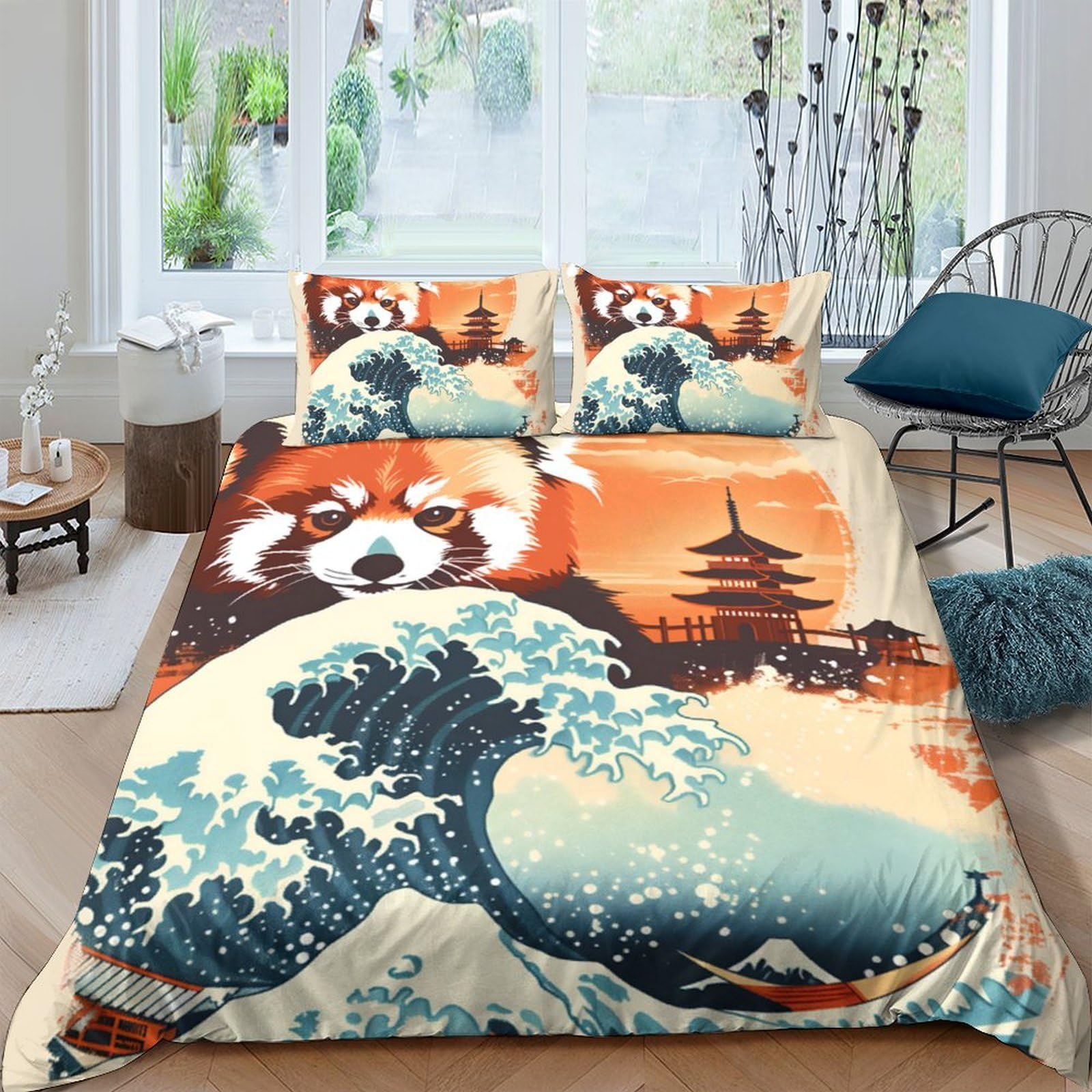 Ctjqhvkz Style-1 3D Printed Red Panda Fitted Sheet Microfiber Soft Japanese Pagoda Wave Mattress Cover Bedroom Dorm Decor Single（135X200cm）