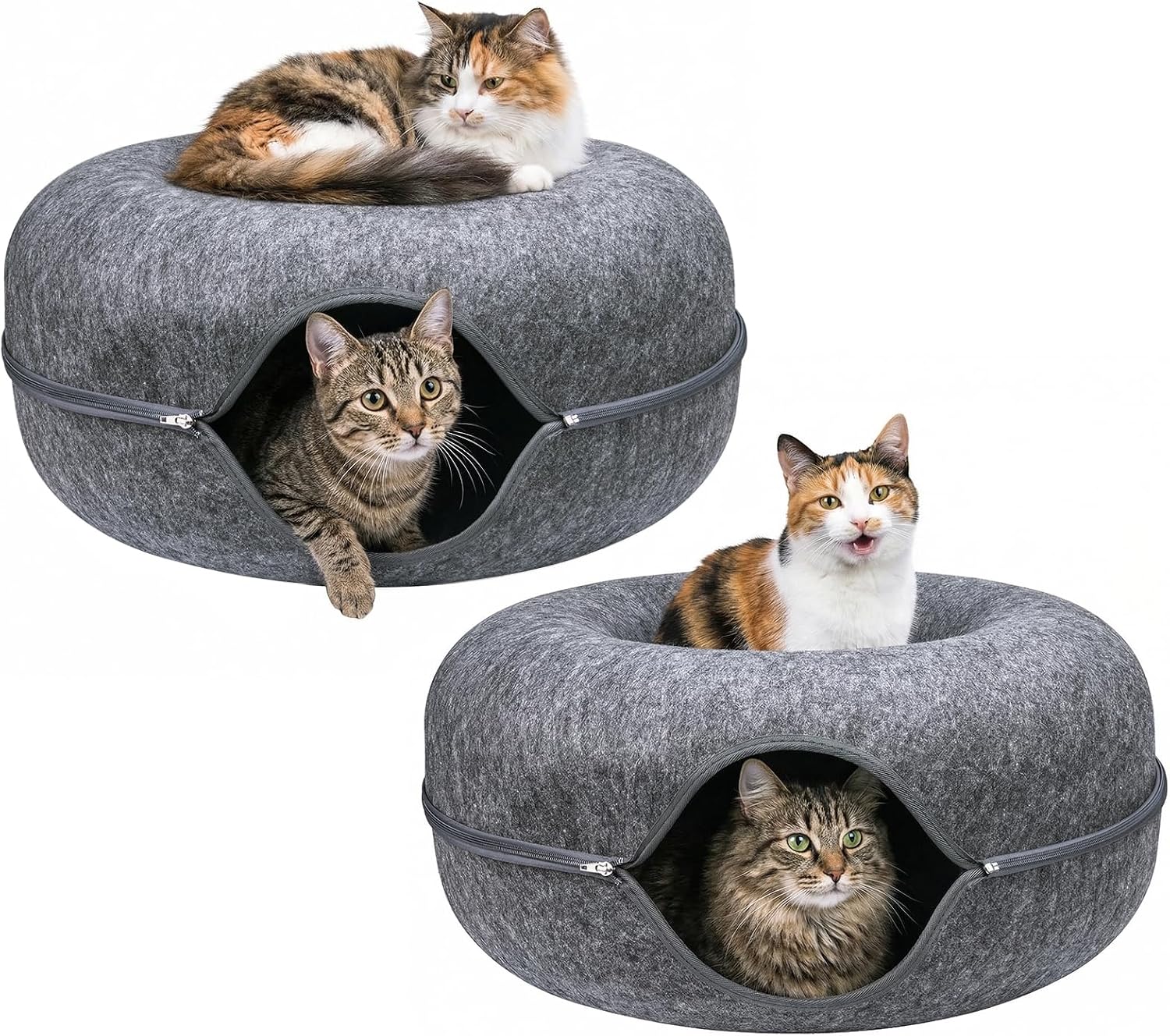 2 Pack Large Cat Cave Bed Tunnel Donut – Felt Peekaboo Indoor Cat Bed for Large Cats up to 45 lbs – Detachable Washable Scratch-Resistant Cat Hideaway for Multiple Cats & Kittens, Dark Grey/Grey