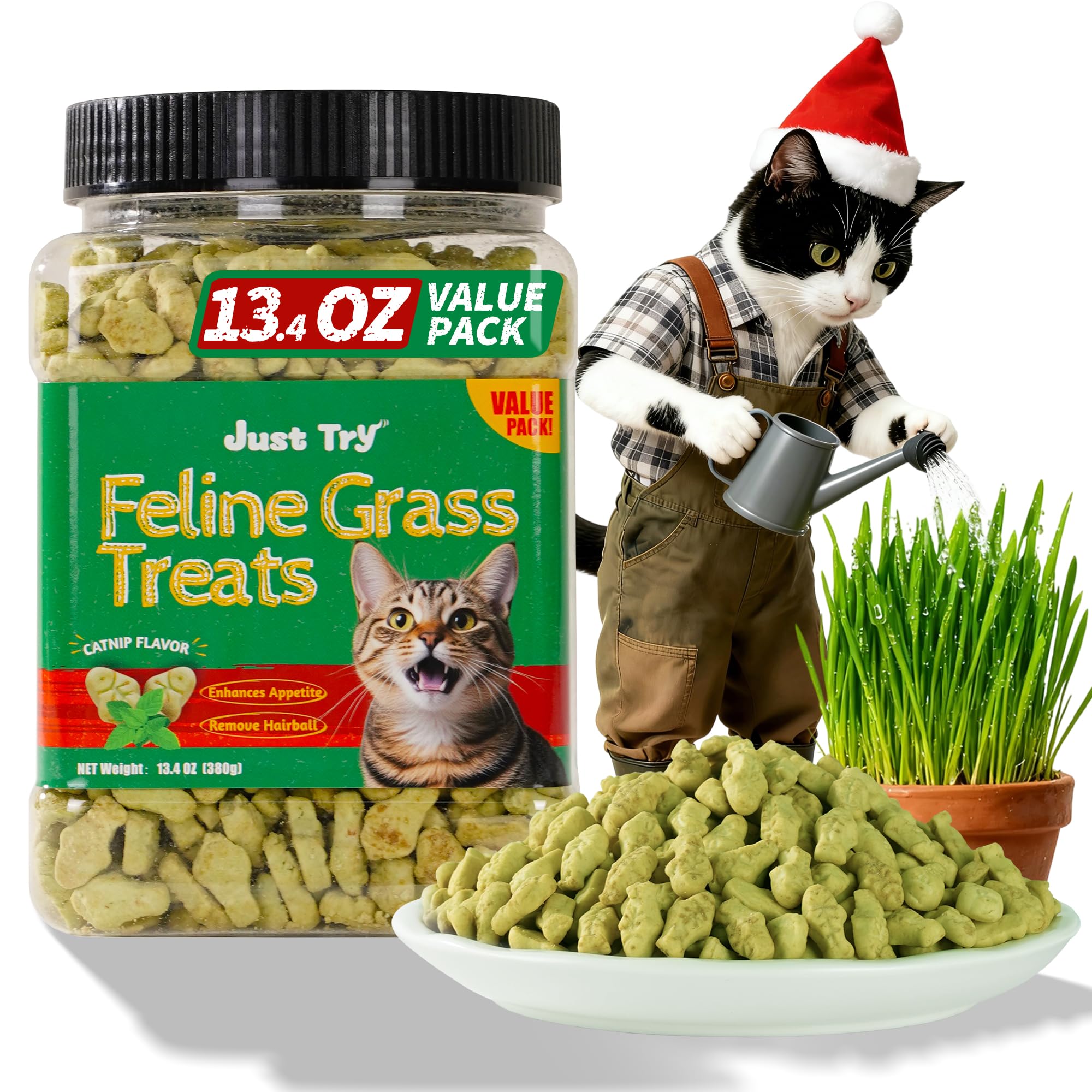 Sponsored Ad - Just Try 13.4 OZ Cat Treats for Indoor Cats Hairball Control Natural Salmon Healthy Cat Grass Treats Kitten Snacks Training Biscuits Catnip for Cats Dental Care