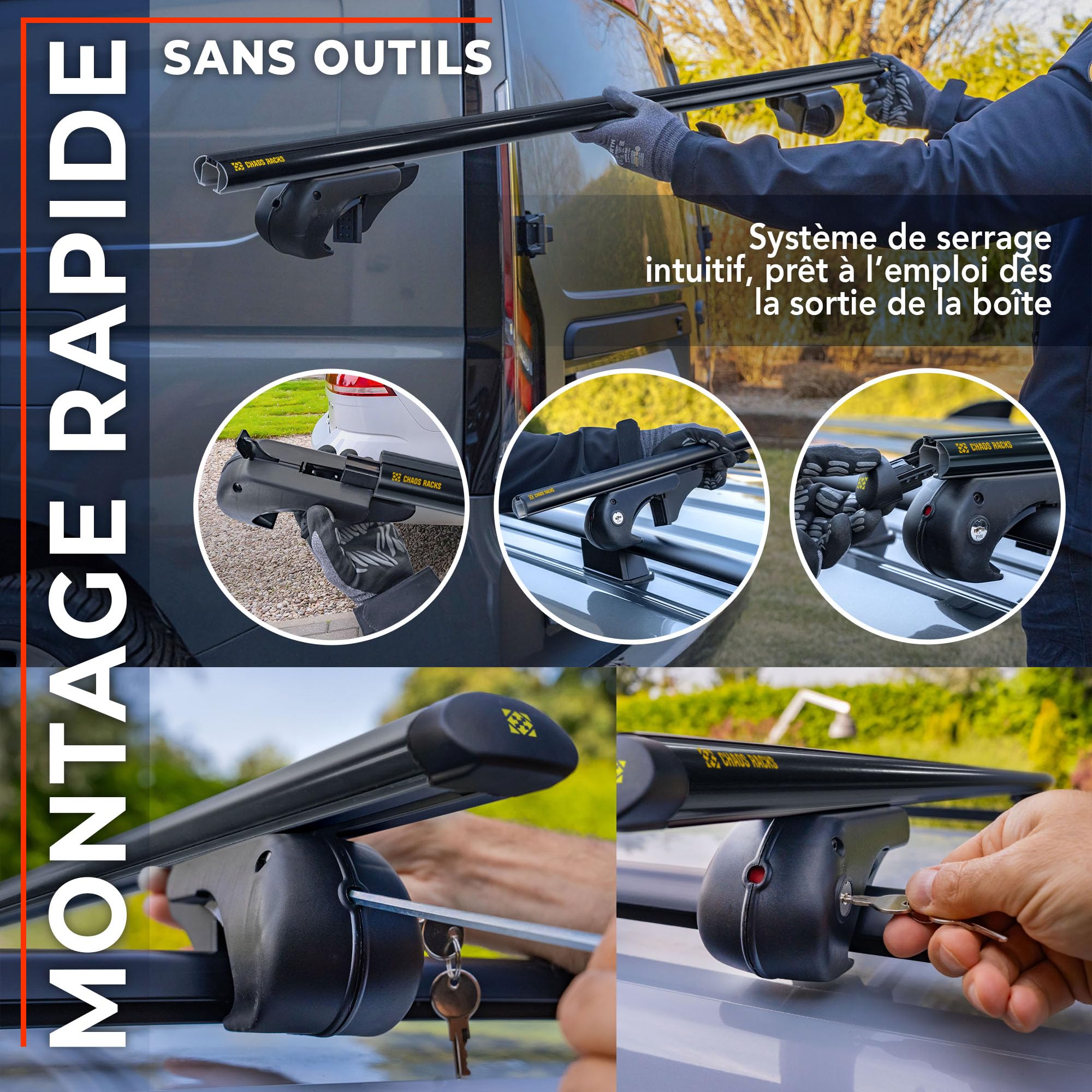 Chaos Racks | Barres de Toit Transversales Universelles pour Rails Ouverts | Transportez en Toute Sécurité Coffre de Toit, Porte-vélos, échelle | Construction Légère et Robuste en Aluminium | 135 cm