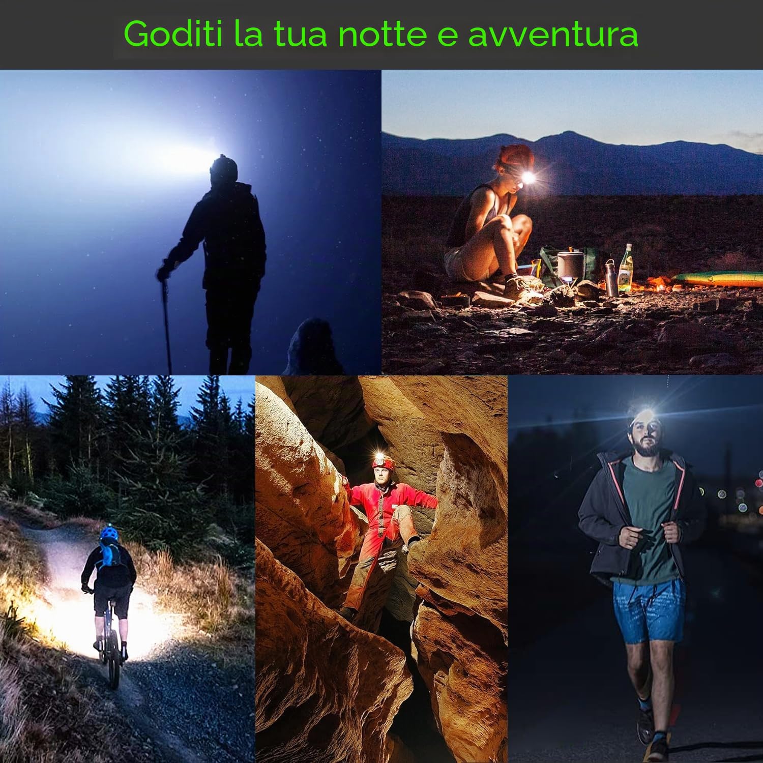 Torcia Frontale LED Ricaricabile con Rossa Avviso e 4 Modalità, 90000 LM Lampada Frontale Ricaricabile 5000mAh, Lampada da testa Leggera Zoomabile IP65 Impermeabile per Campeggio Pesca
