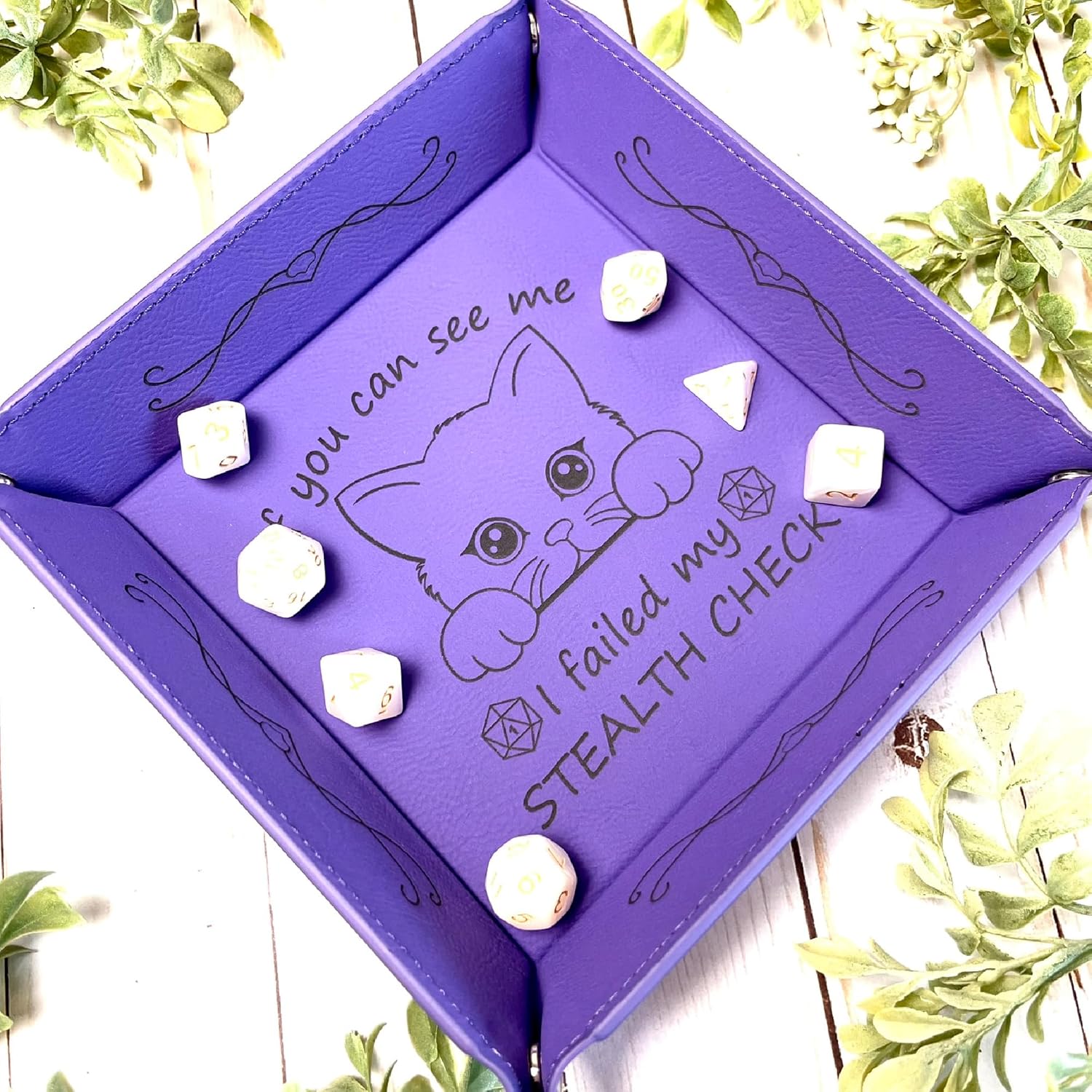 Stealth Check Cat Dice Tray DnD, Vegan Leather, Gift, Made by LaserTavern (Purple)