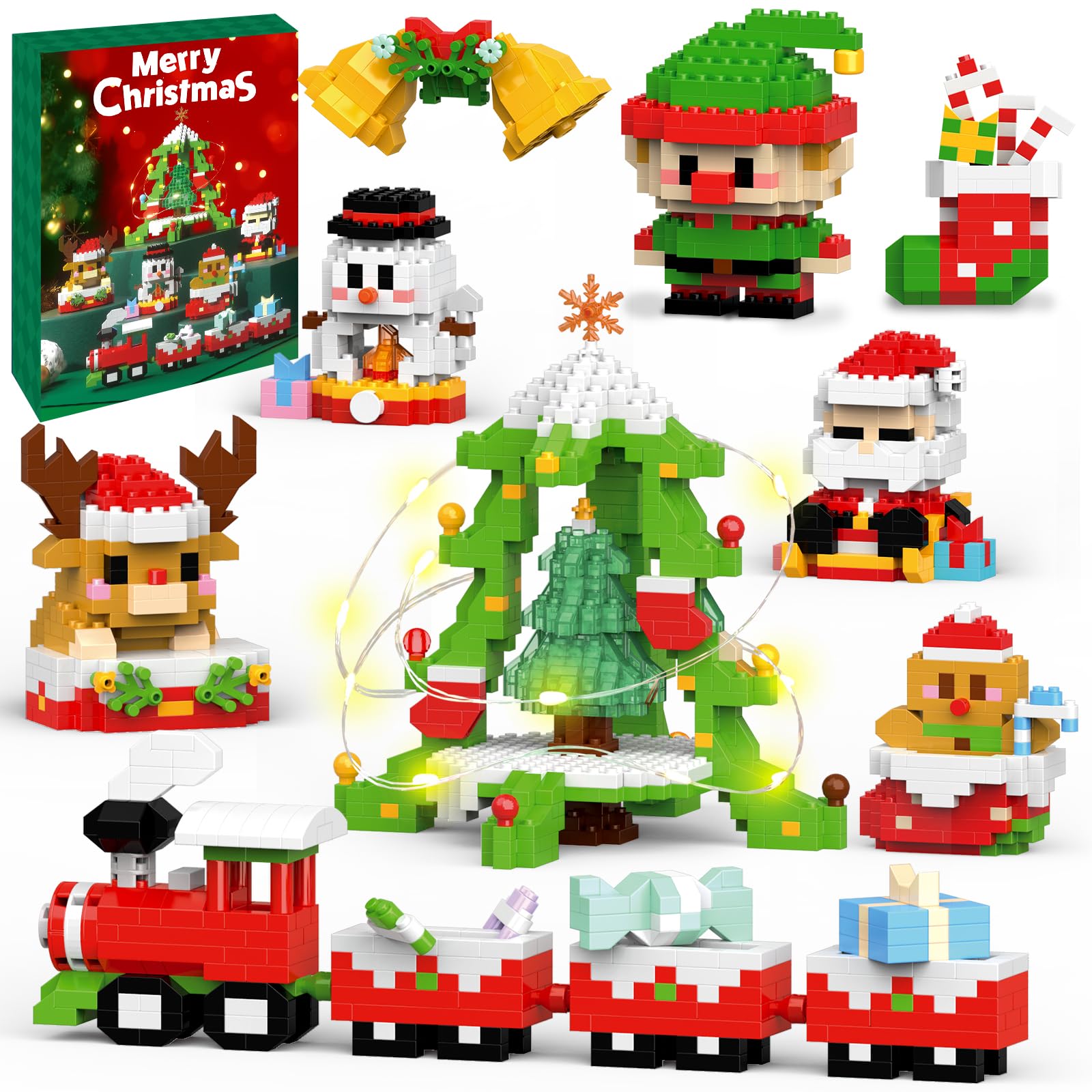 Christmas Building Blocks with LED Mini Building Brick Toys for Party Favor Christmas Tree Stocking Blocks Set for Kids Adults Calendar Goody Bag Fillers Classroom Prizes Gifts