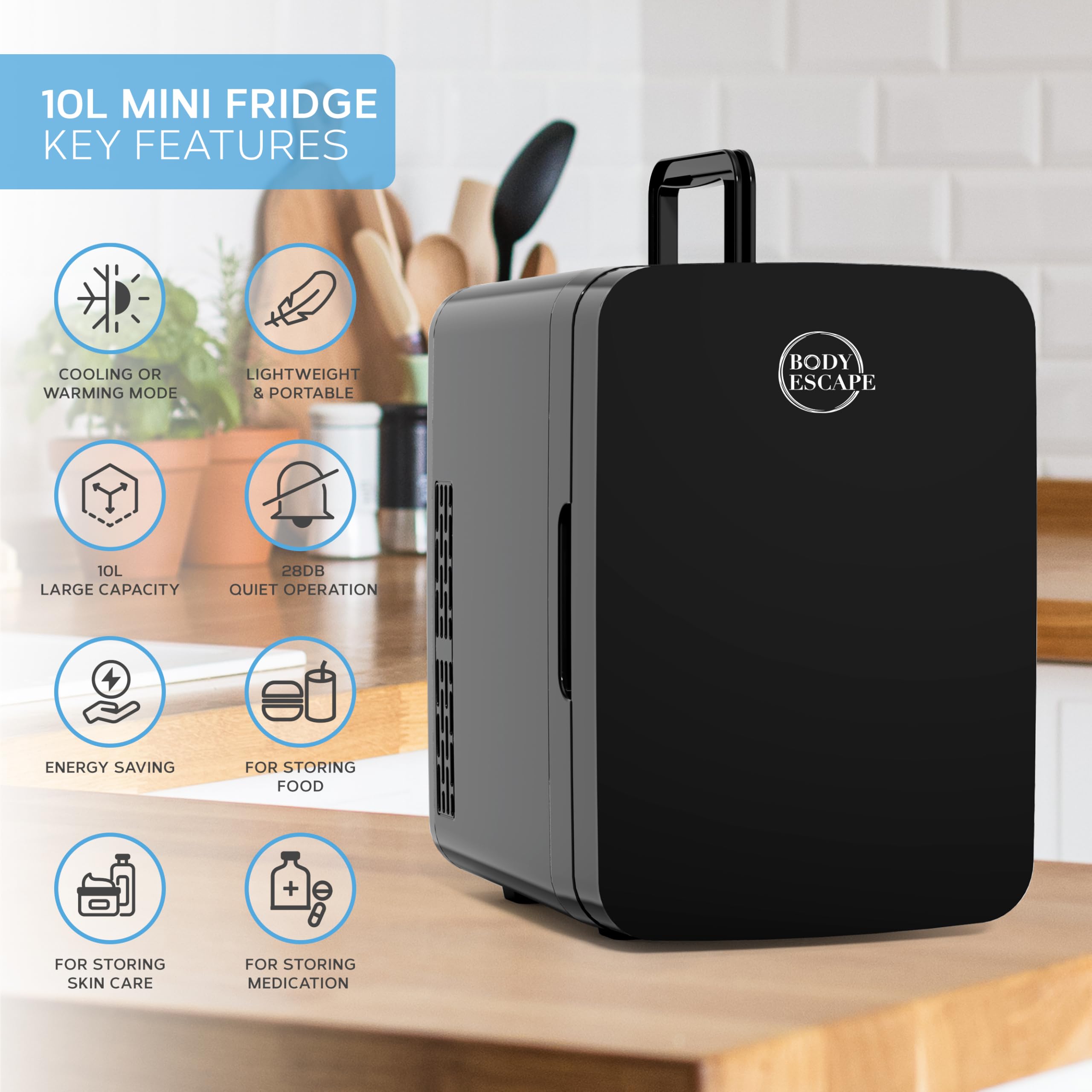 Body Escape Mini Fridge For Skincare & Make-Up - Glass Door Beauty Mini Fridges - Birthday Gifts For Her Skin Care - Portable, Compact, Small & Quiet Skincare Fridge For Makeup - 10L Black