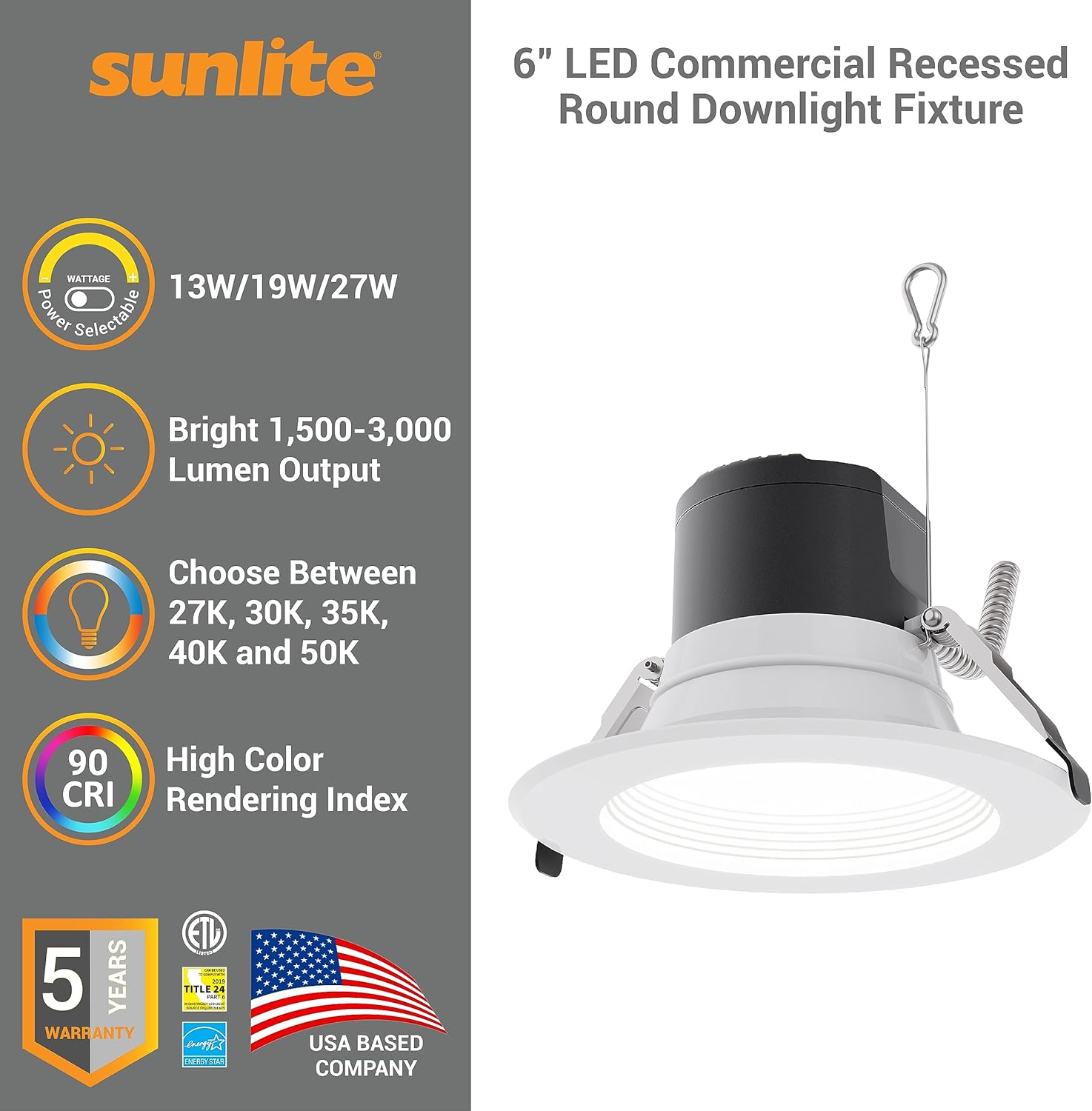 Sunlite 6" LED Commercial Recessed Round Downlight Fixture, Power Selectable 13W/19W/27W, 3000 Lmns, CCT Switch 27K/30K/35K/40K/50K, 90 CRI, Dimmable, Energy Star, Title-24 Compliant, ETL Listed