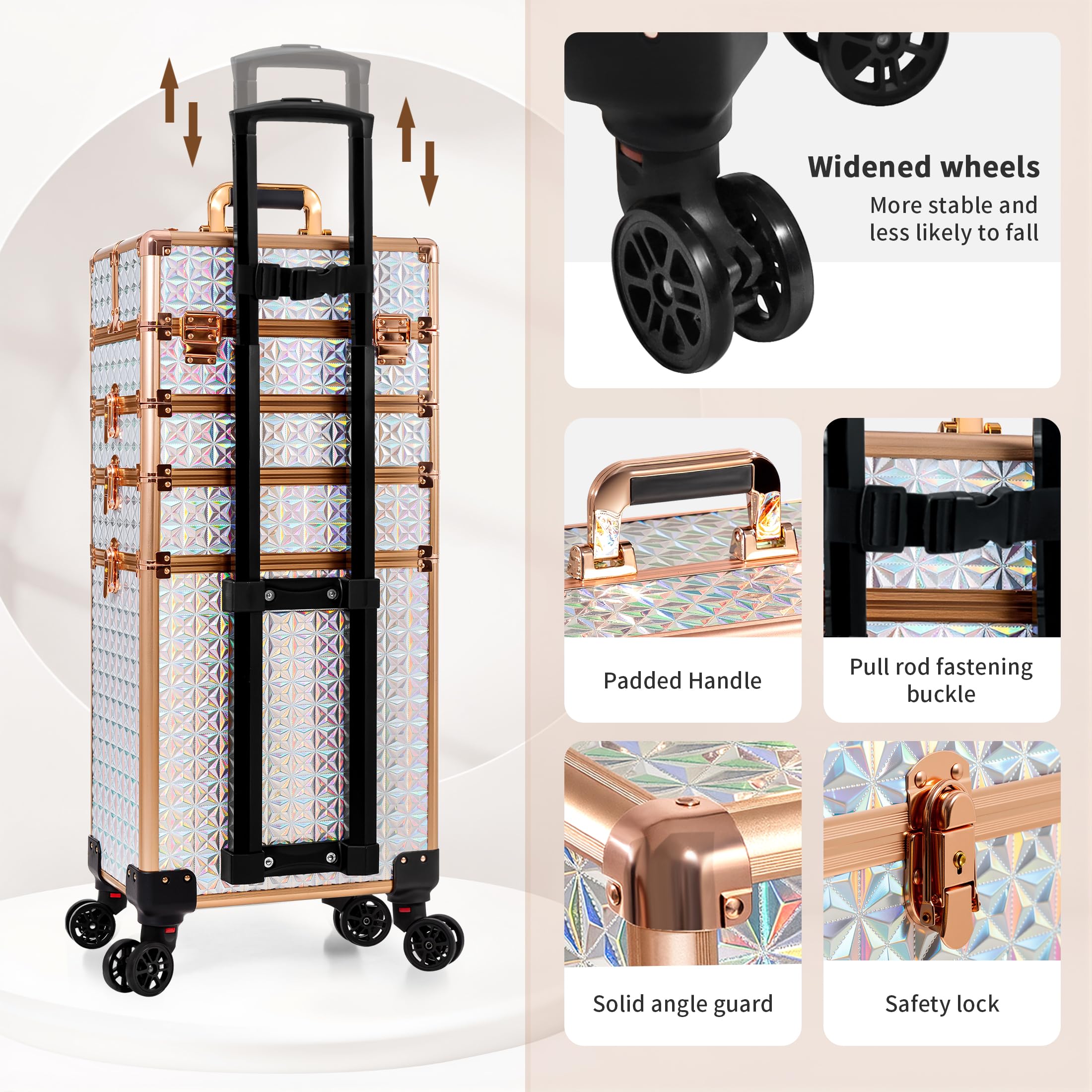 Arous Maletín profesional 5 en 1 con ruedas giratorias de aluminio, organizador de viaje de maquillaje, con ruedas giratorias de 360°, White, 5 en 1