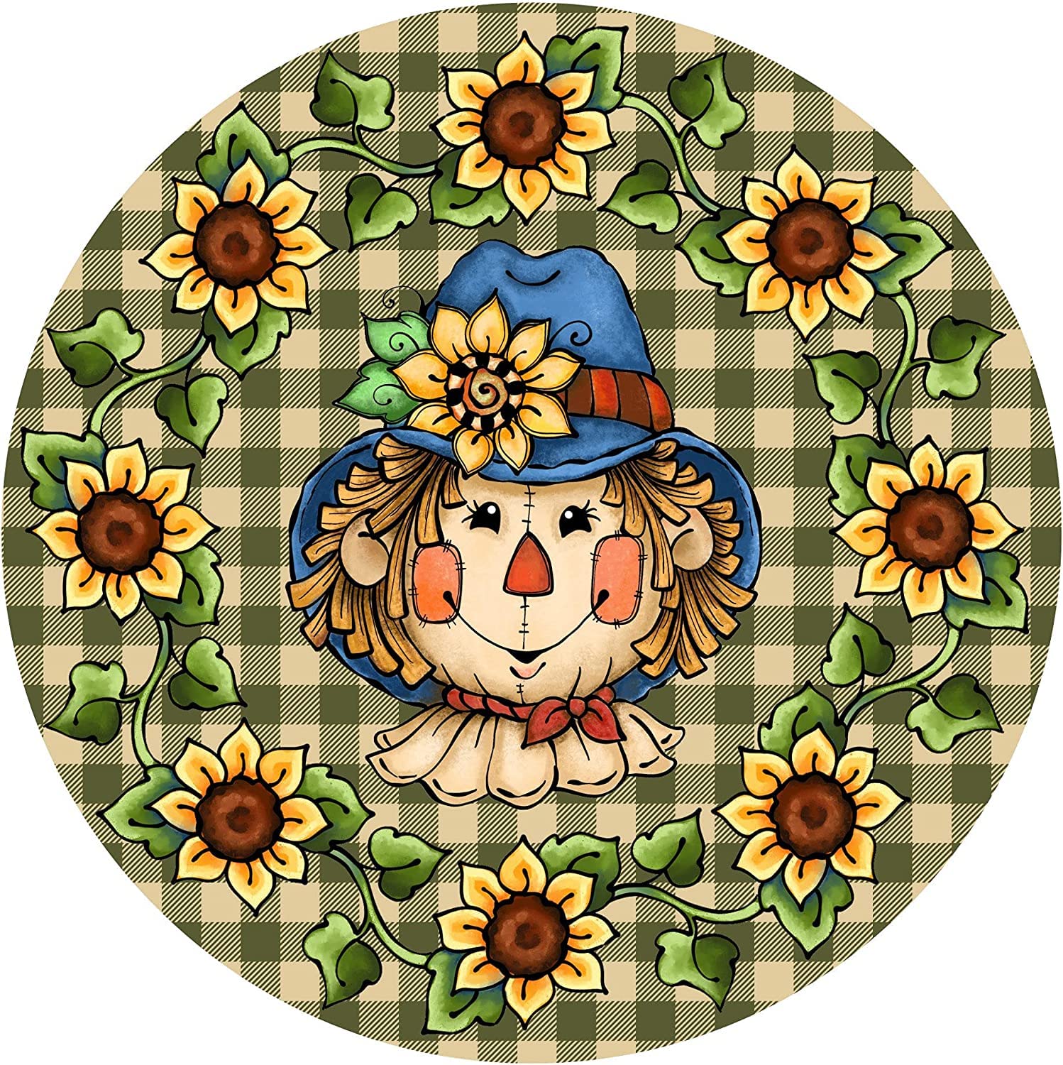 Fall Scarecrow Wreath Sign, Round Antique Tin Sign Farm Country Cottage Wall Decor, Funny People Cave Cool Wall Door Plaque 12x12inch