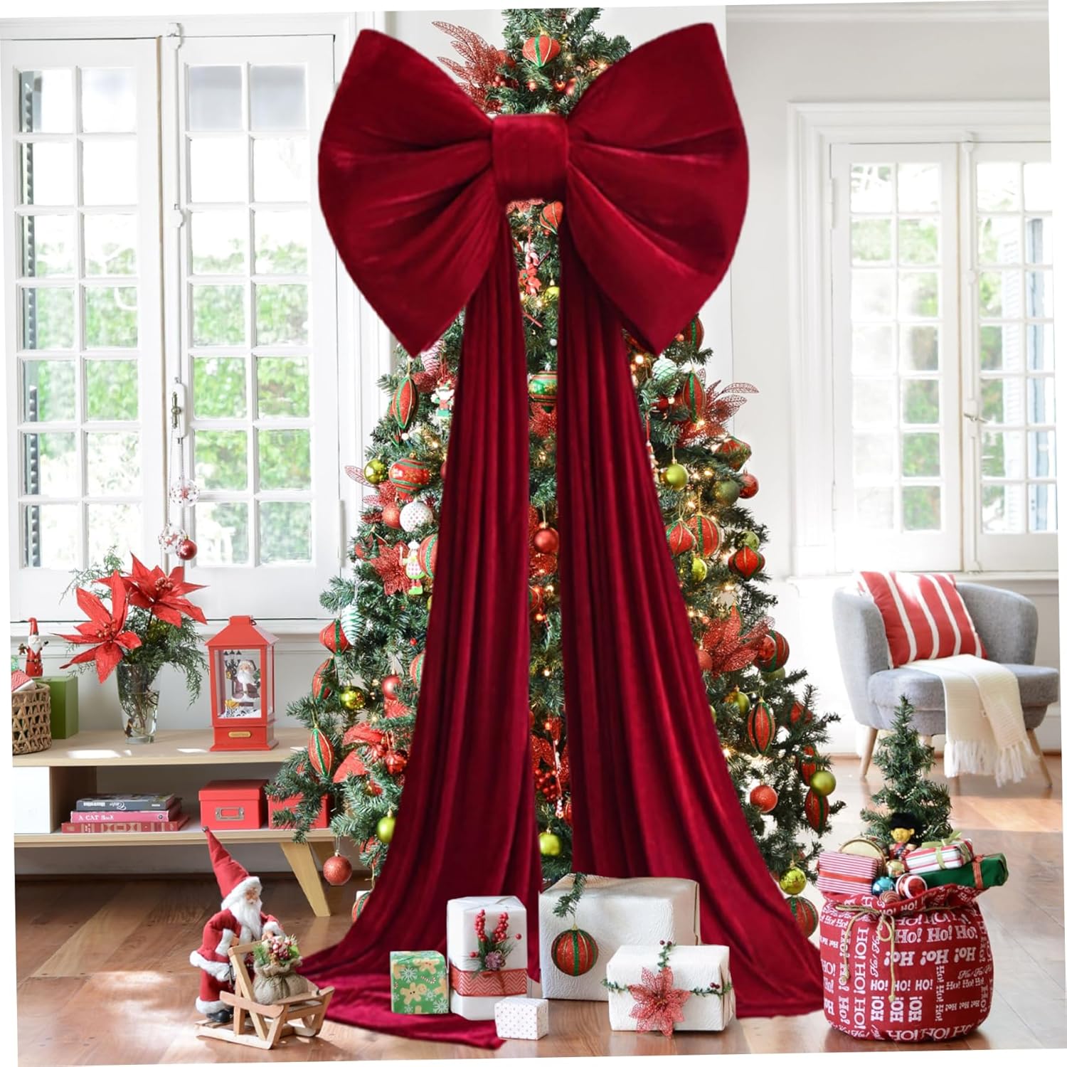 Christmas Tree Topper Bow Extra Large Red Velvet Bows with Long Tail for Home Christmas Tree Toppers Wall Room Party Holiday Decor Supplies Topper Bow, Velvet Bows for Christm