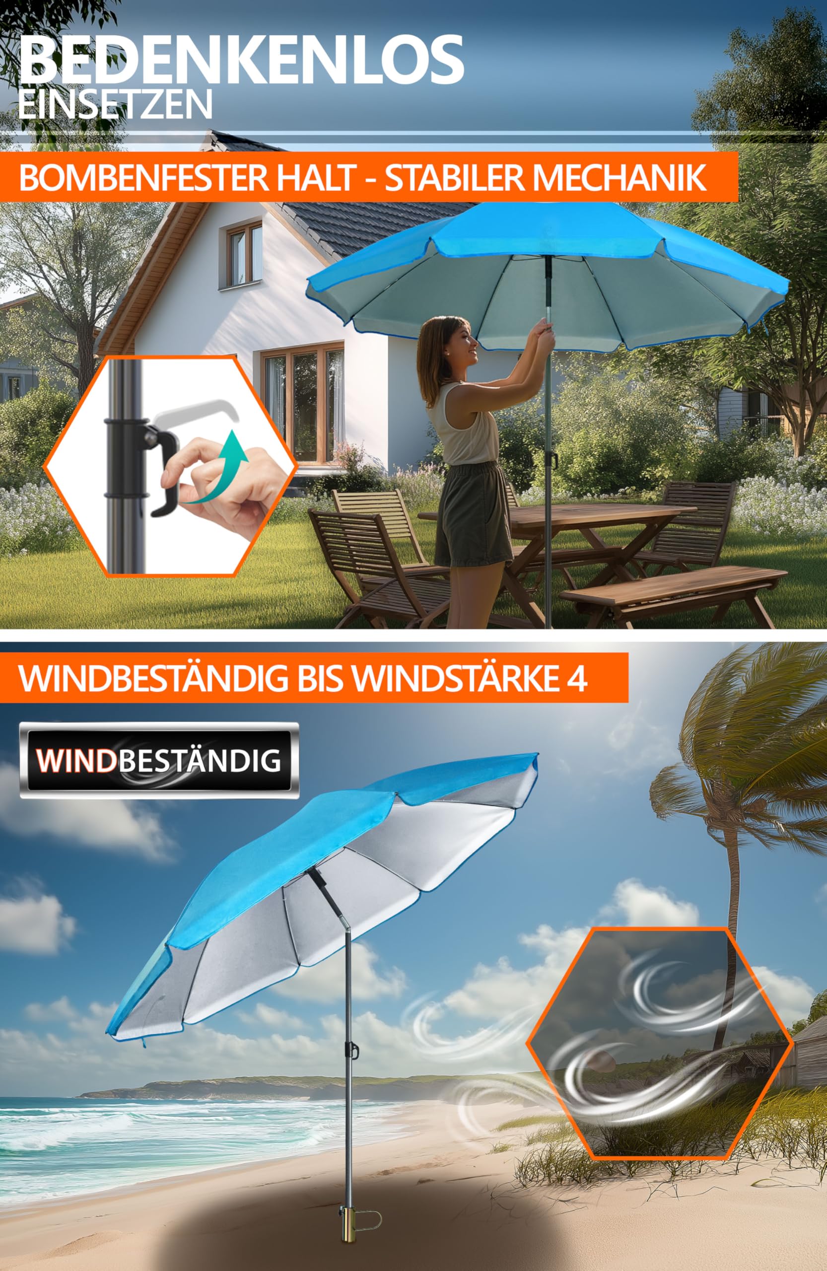 4smile Sonnenschirm Strand Ø 180 cm, 3er Set – Strandschirm windfest stabil + Schirmhülle + Rasendorn Sonnenschirmhalter, UPF 50+ Sonnenschirm mit Rasendorn für Garten, Schirmspieß, Fb. Blau