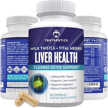TRUTHENTICS Liver Health Supplement - Milk Thistle Liver Health Formula with Artichoke Extract, Dandelion, Turmeric, and More - Natural Detox Support for Men & Women - 60 Capsules