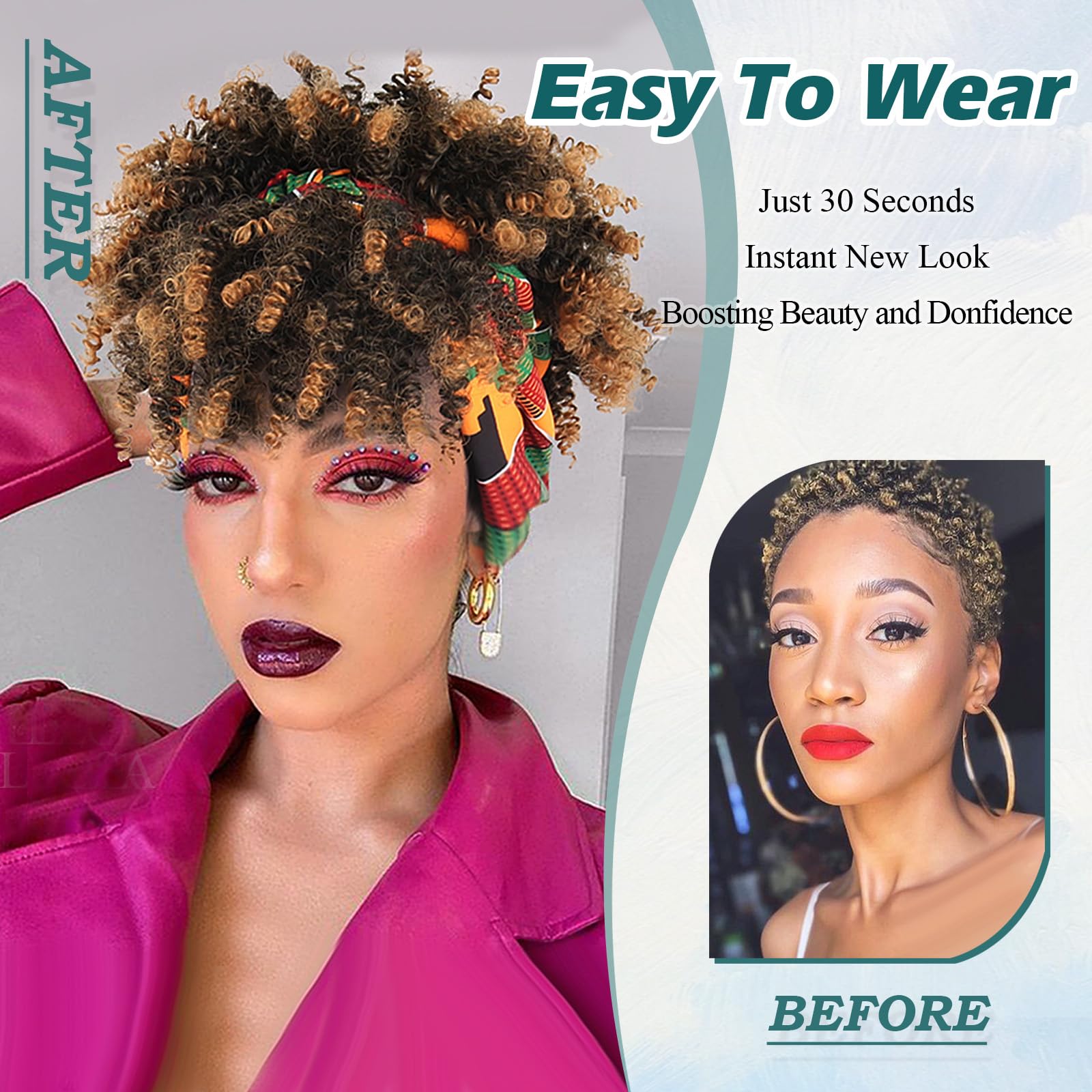 DEYNGS Kinky Curly Afro Puff Wig with Bangs Highlight Blonde Headband Wigs Afro Curly Headband Wig with Bangs Afro Wigs for Black Women Turban Wrap-Wigs 4inch Product Image 3