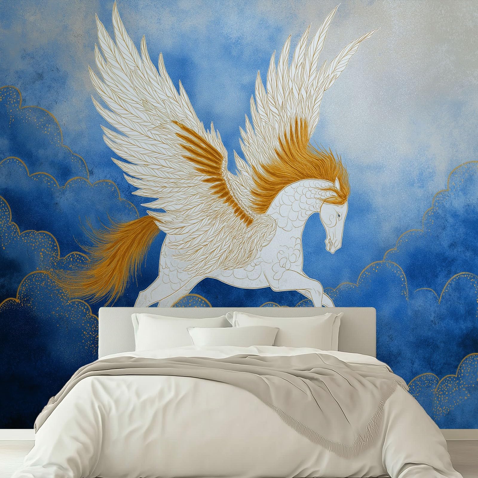 Nowoczesny mural ścienny fantasy 250 x 175 cm (szer. x wys.), zwierzę pegaz chmury tapeta mural na ścianę akcentującą do sypialni salonu lub przedpokoju - panoramiczna tapeta plakatowa