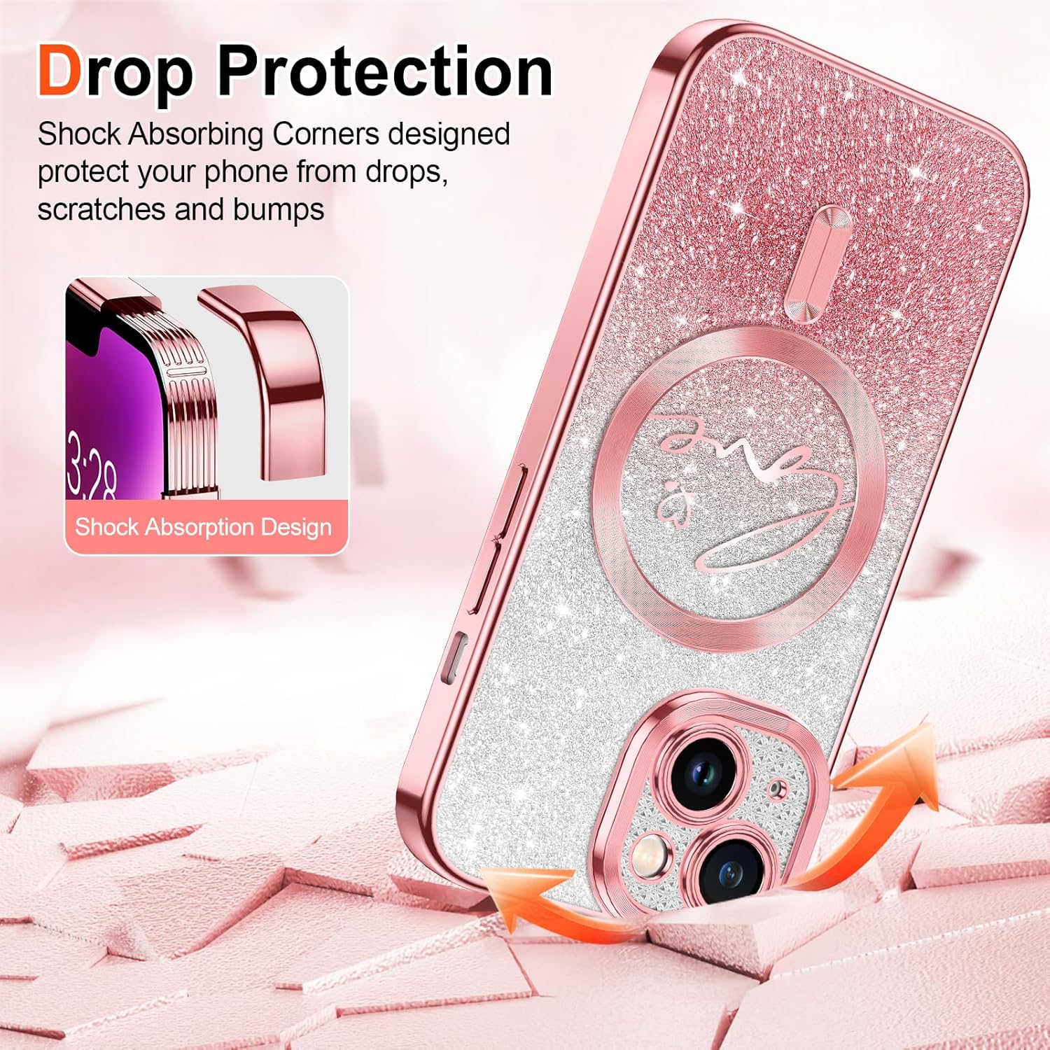 Hython for iPhone 14 Plus Case Glitter, Compatible with MagSafe Love Heart Magnetic Clear Phone Cases for Women Girls, Full Camera Protection Sparkle Plating Shockproof Protective Cover, Pink - Image 5
