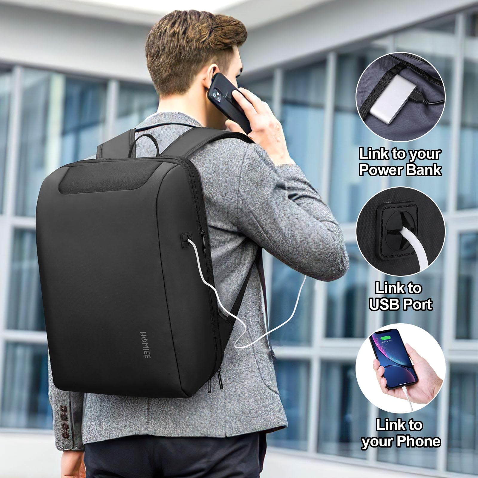 HOMIEE Mochila Antirrobo para Portatil Impermeable Mochila de Viaje de Negocios Expandible Mochila de Trabajo Mochila para Laptop 15,6 Pulgadas Bolsa de Viaje con Carga USB