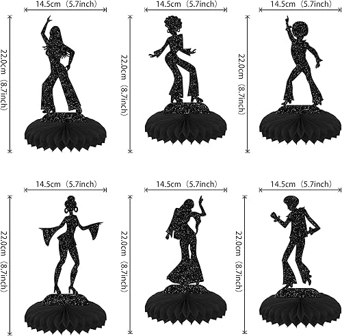 Miniatura 2 de 6 piezas de decoraciones de fiesta de discoteca de los años 70, centro de mesa y adornos de panal en purpurina negra para música discoteca temática